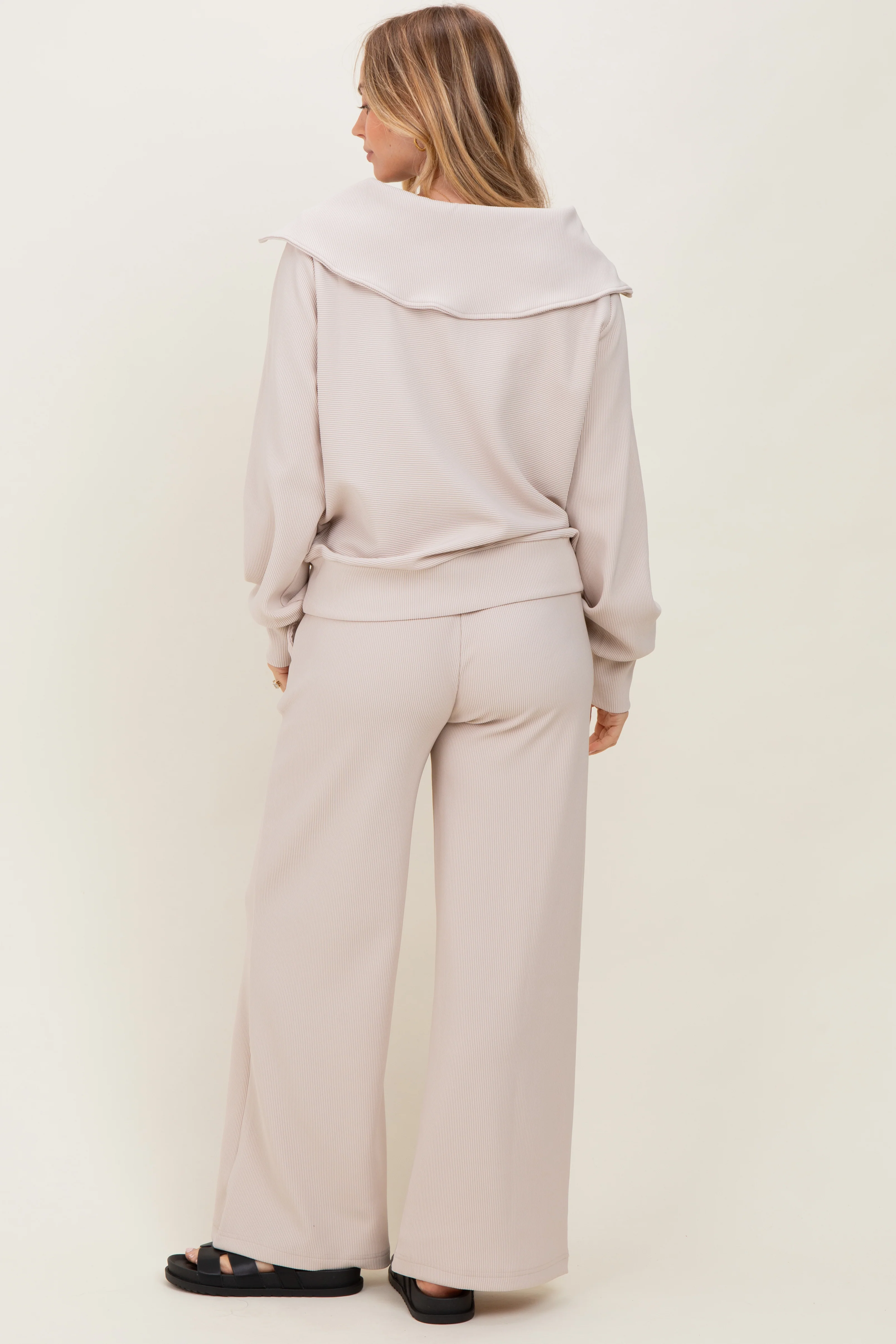 Cream RIbbed Half Zip Pullover Wide Leg Pant Set - Image 4