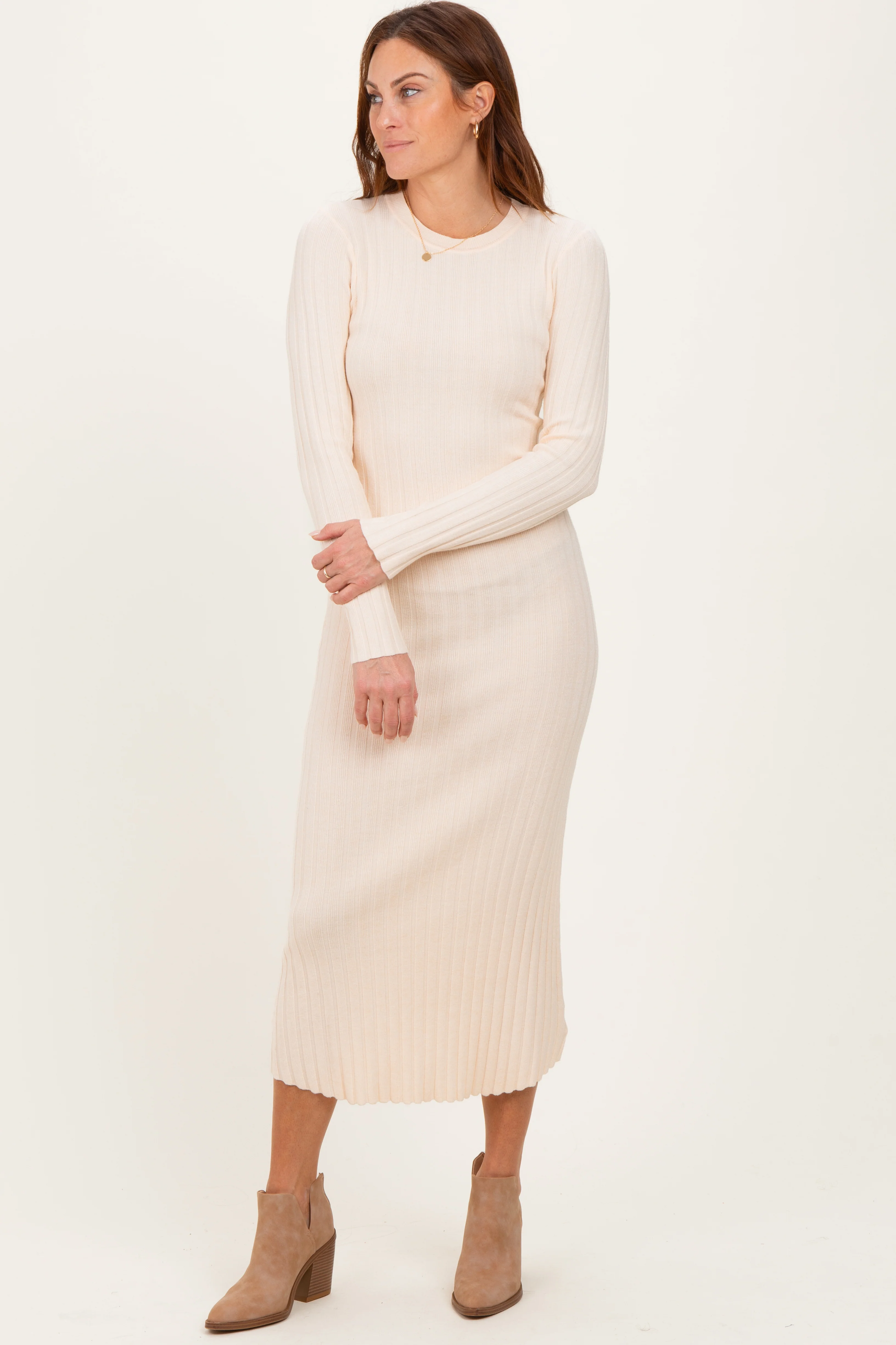 Cream Ribbed Knit Fitted Maternity Midi Sweater Dress - Image 4