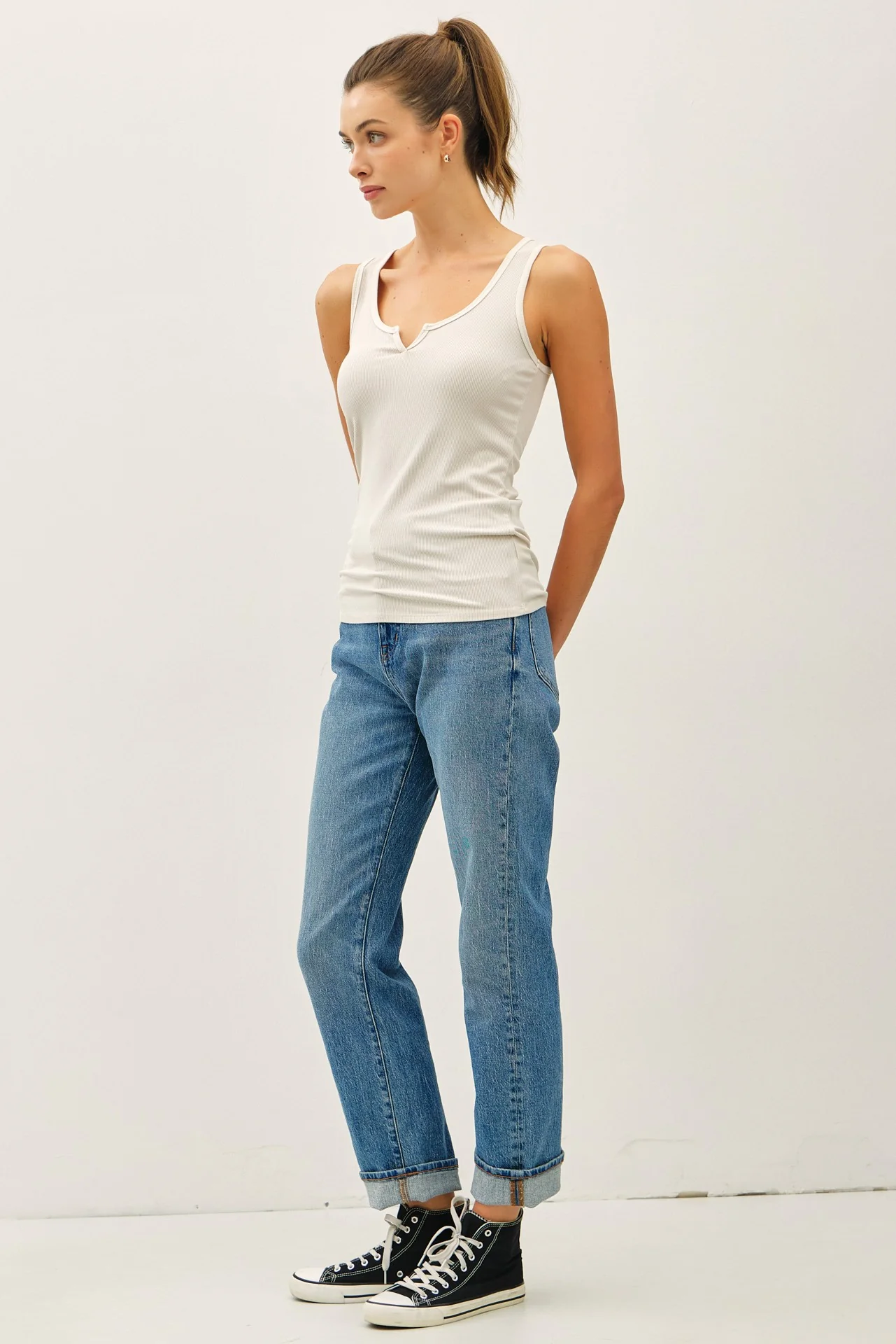 Cream Ribbed Split Neck Tank Top - Image 3