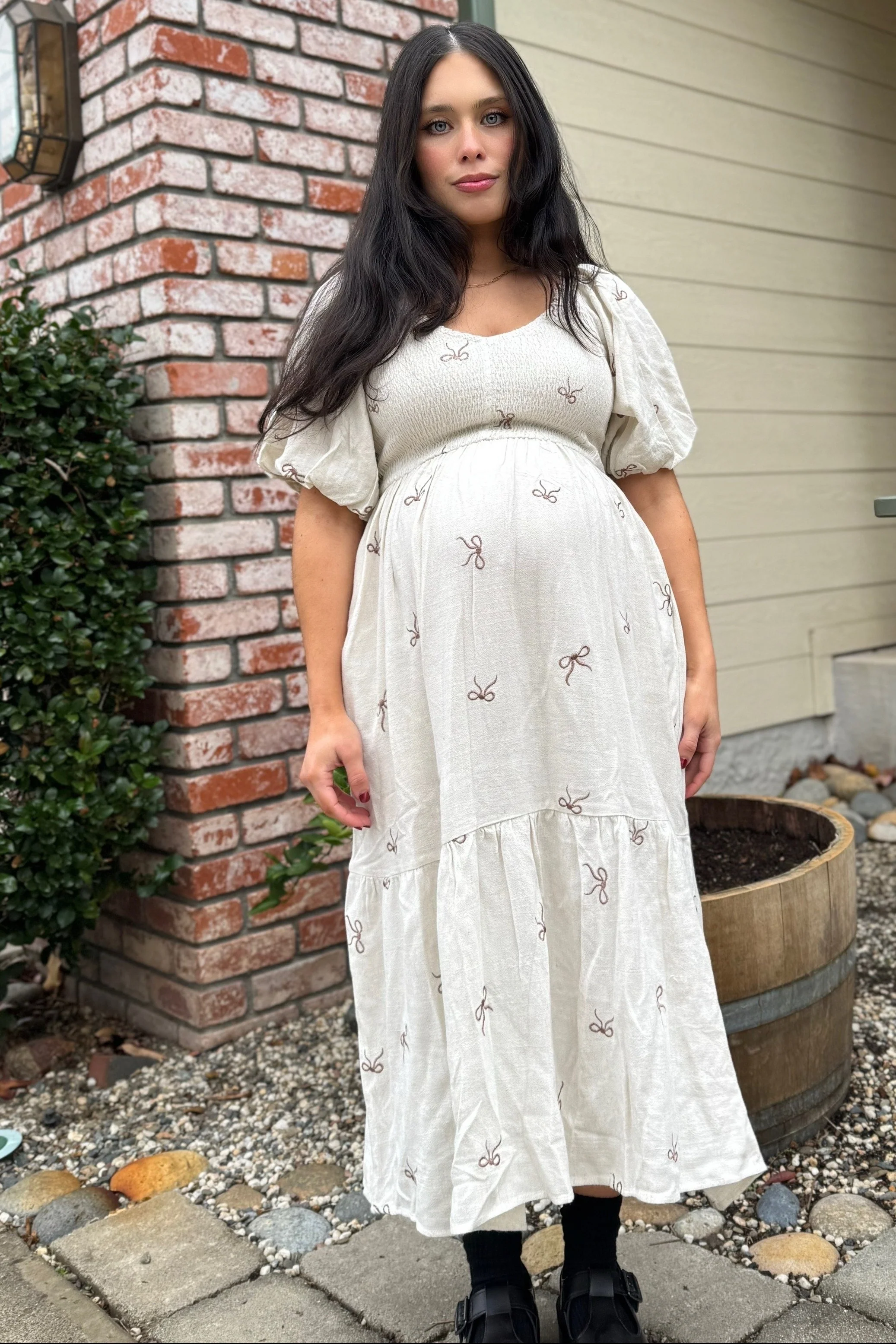 Cream Ribbon Print Smocked Maternity Midi Dress - Image 6