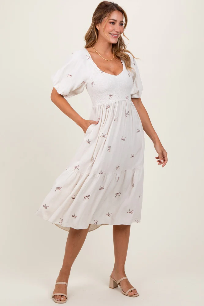 Cream Ribbon Print Smocked Midi Dress - Image 3