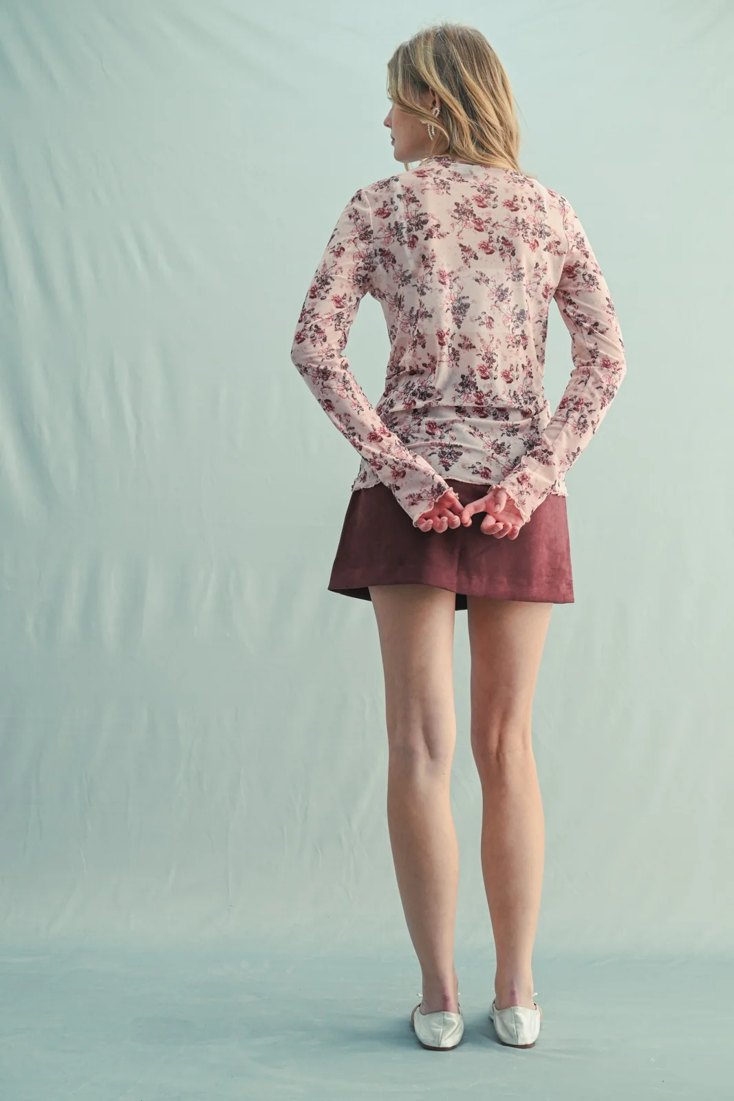 Cream Rose Floral Mesh Long Sleeve Top - Image 4