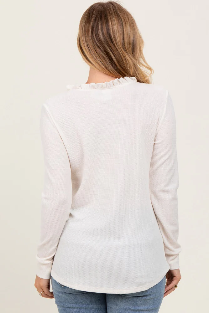 Cream Ruffle Collar Micro Waffle Knit Henley Top - Image 4