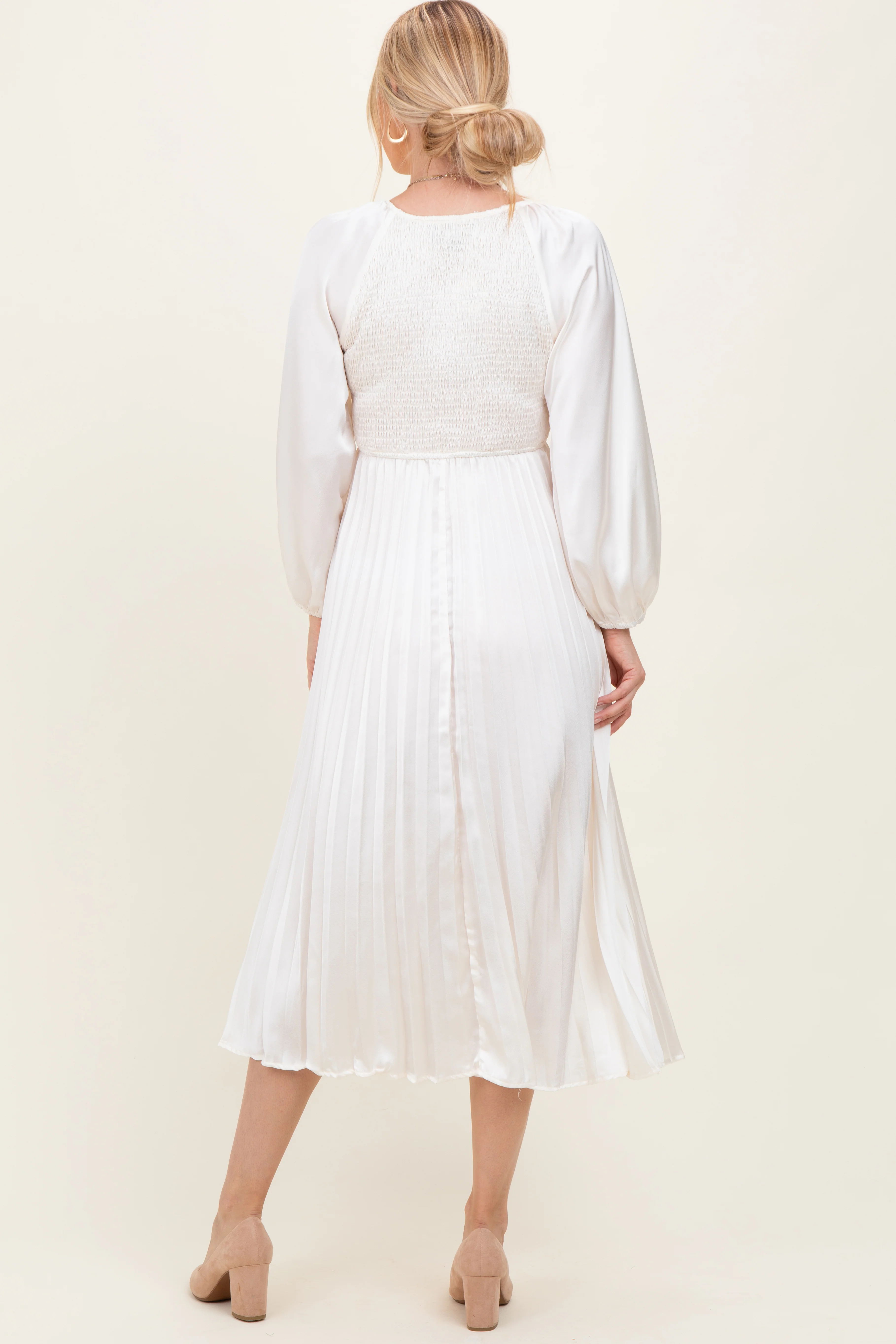 Cream Satin Smocked Pleated Midi Dress - Image 3