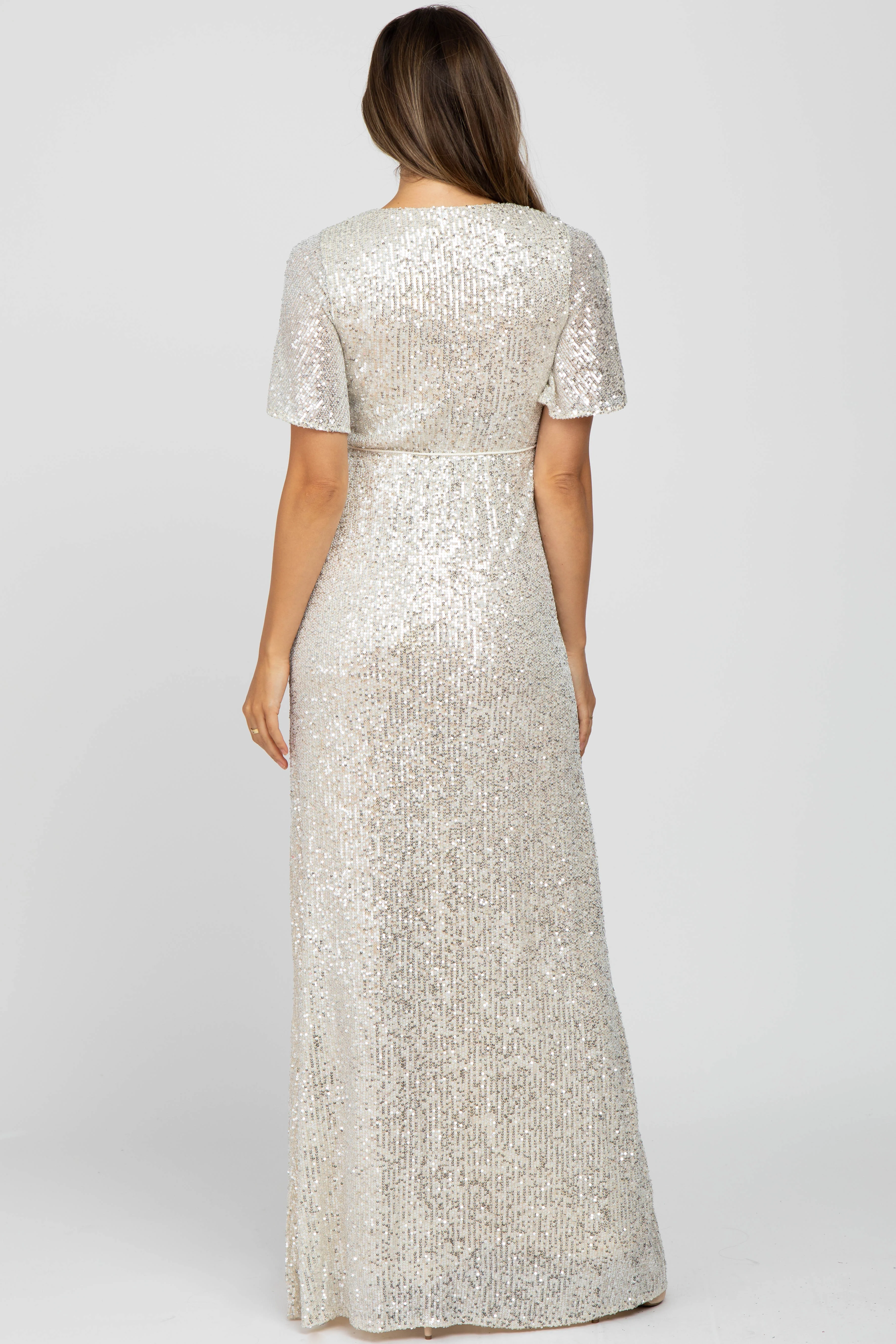 Cream Sequin Short Sleeve Maternity Maxi Dress - Image 3
