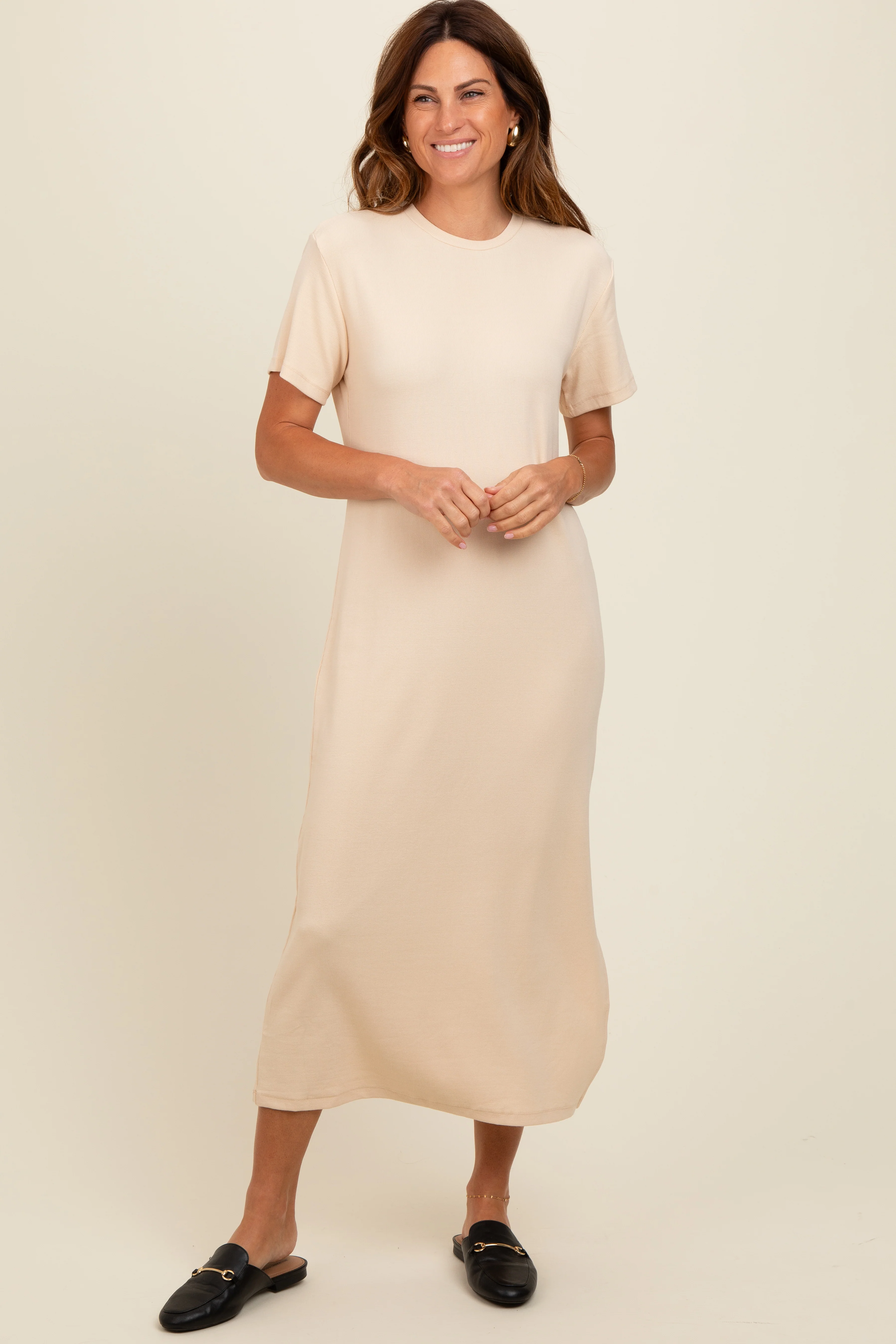 Cream Short Sleeve Side Slit Maternity T-Shirt Midi Dress - Image 5