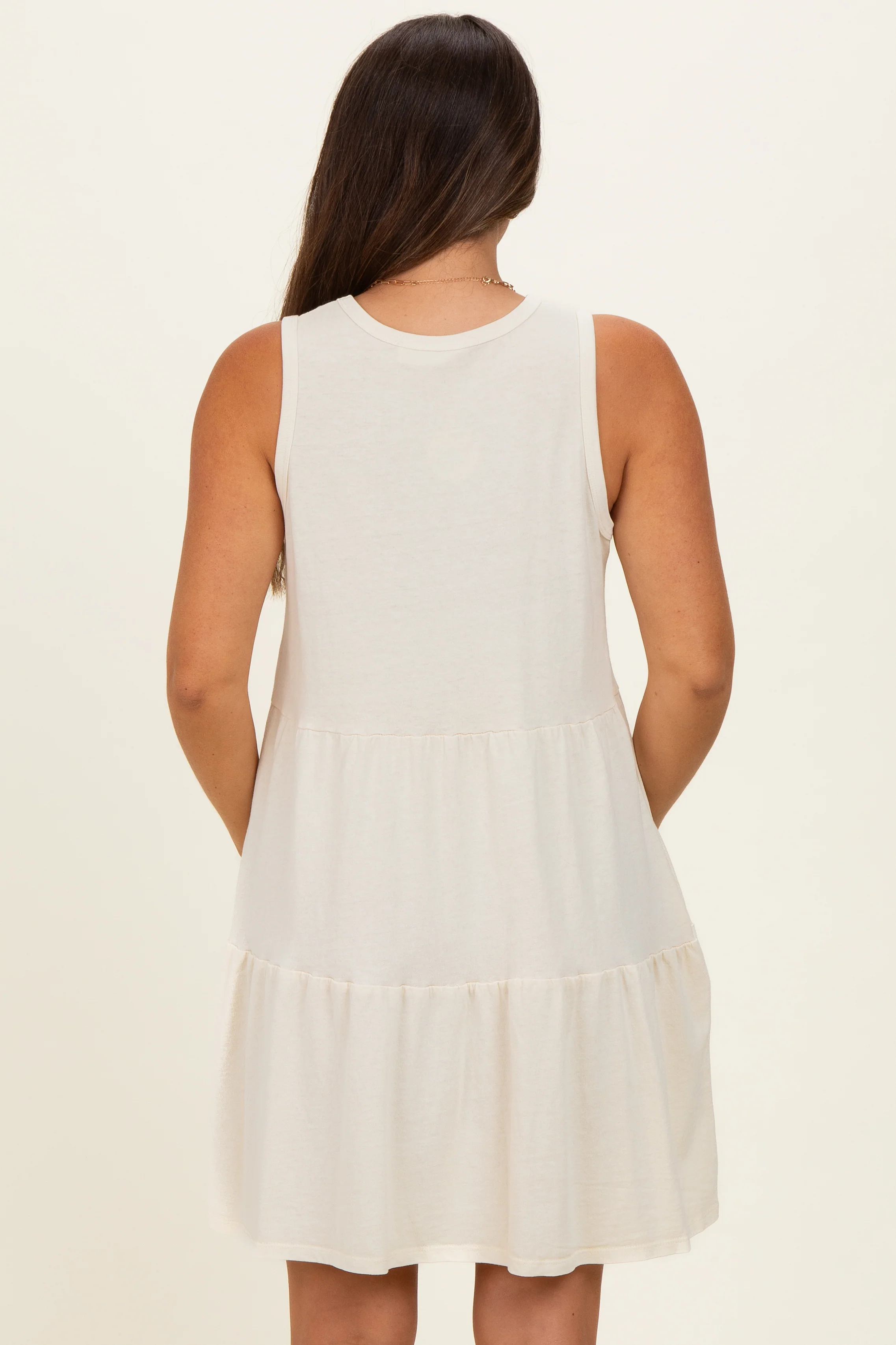 Cream Sleeveless Crewneck Tiered Maternity Mini Dress - Image 4
