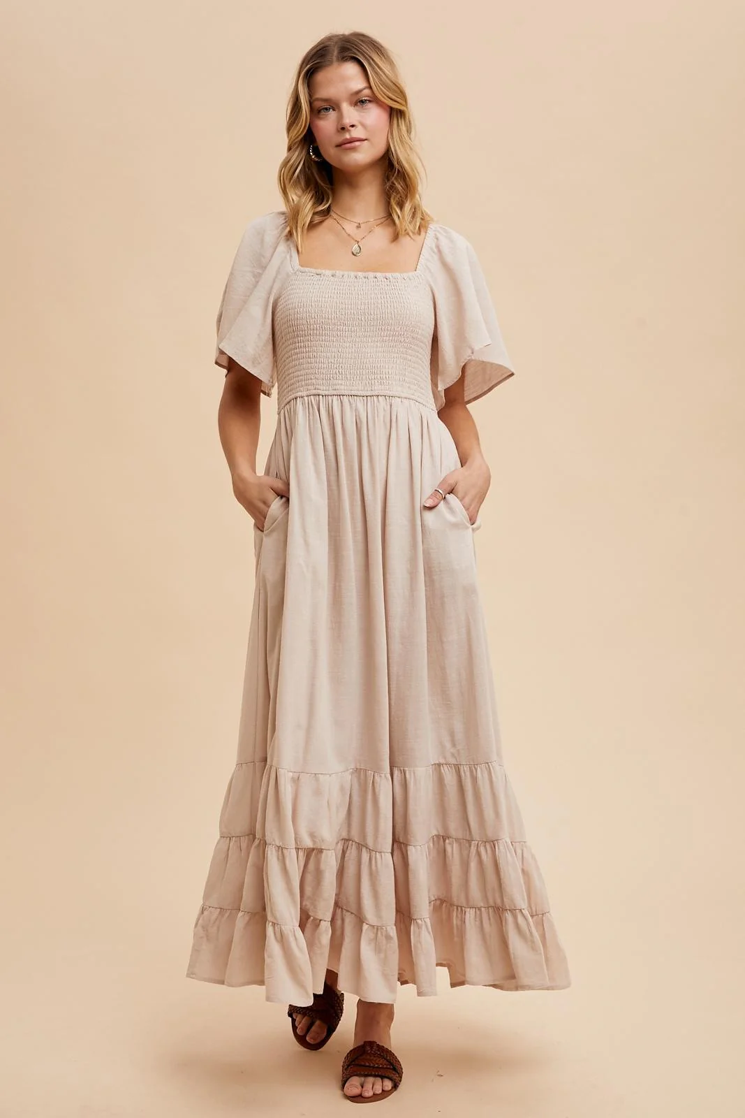 Cream Smocked Cotton Flutter Sleeve Maternity Maxi Dress - Image 4