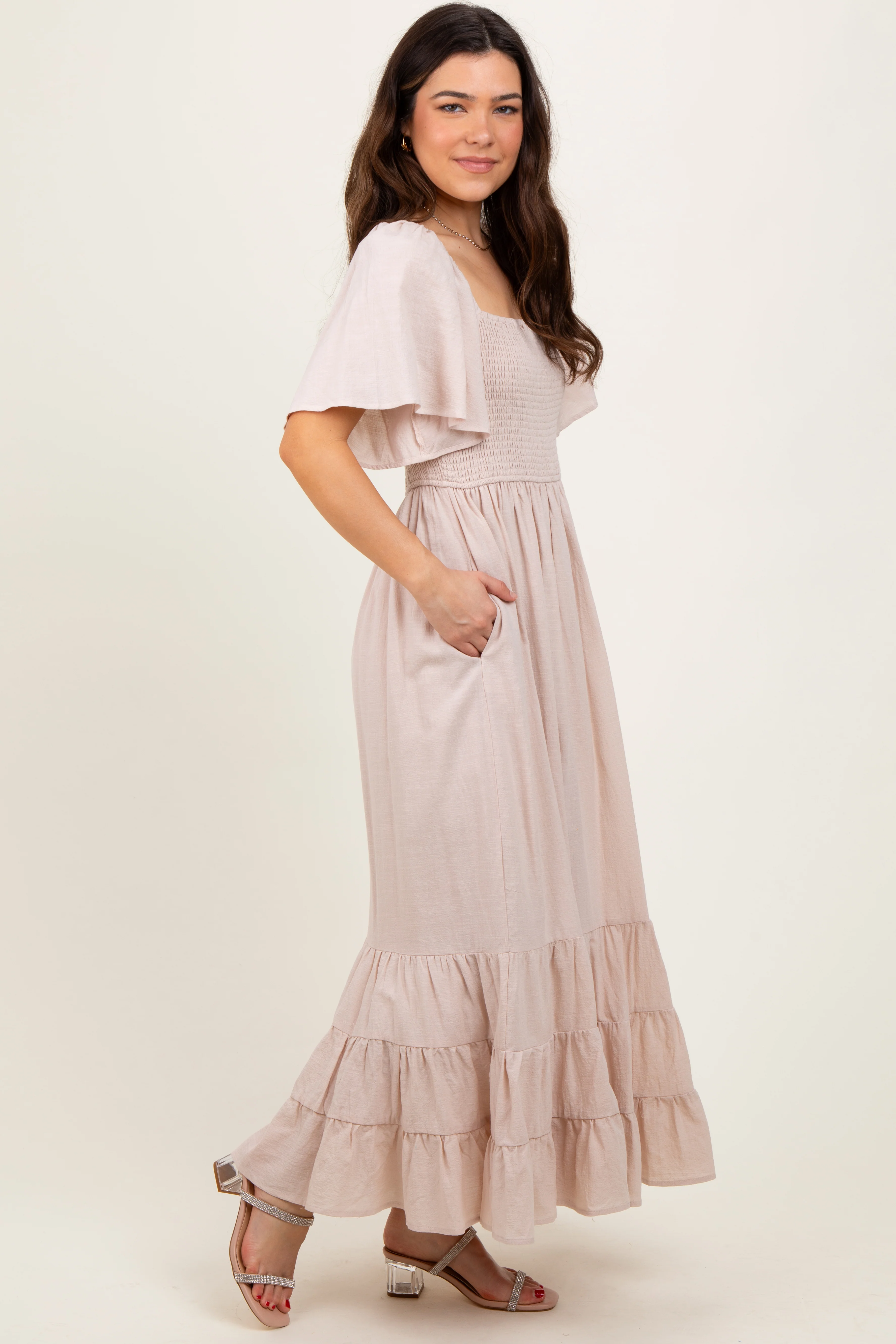 Cream Smocked Cotton Flutter Sleeve Maxi Dress - Image 7