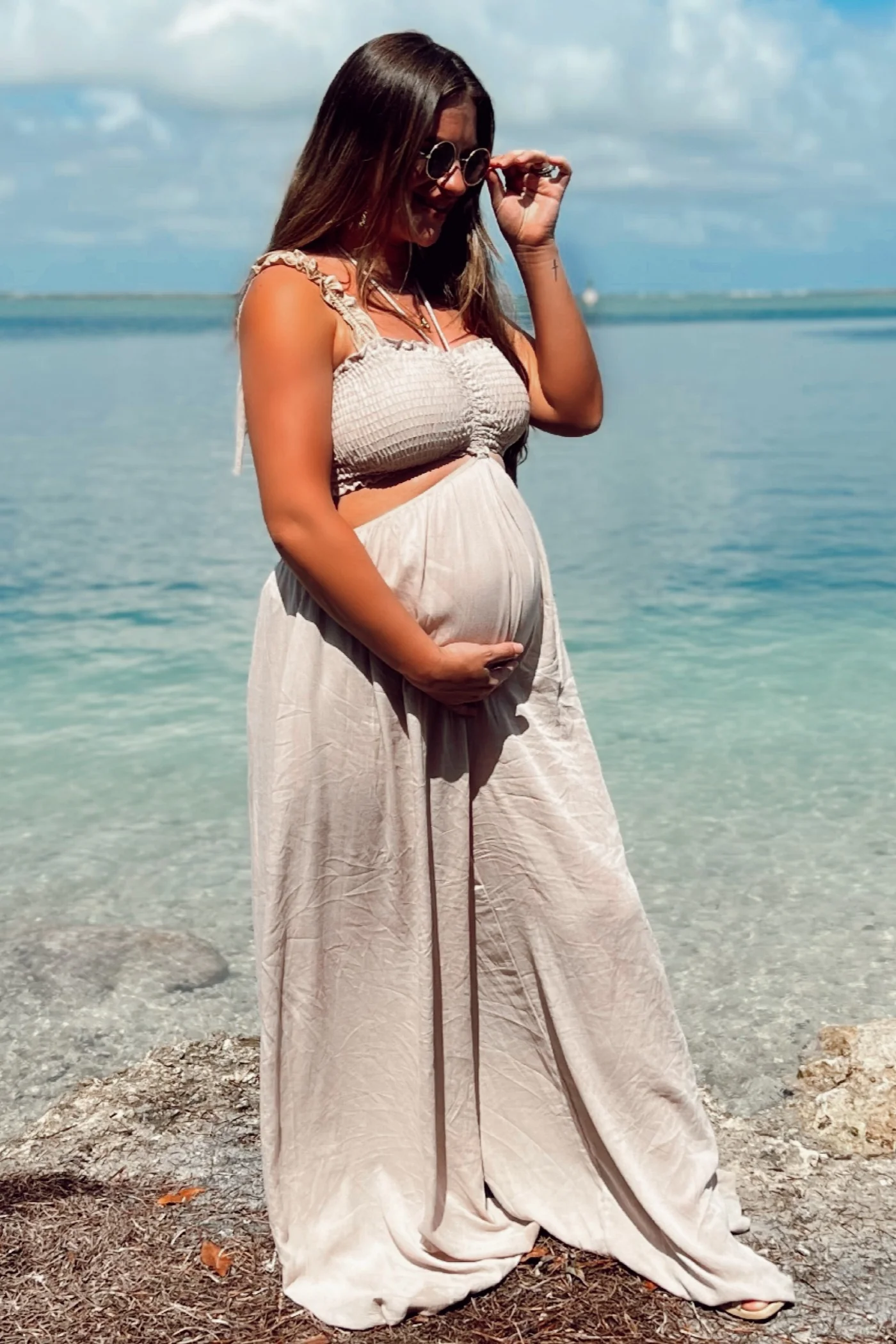 Cream Smocked Drawstring Halter Side Cutout Maternity Jumpsuit - Image 3