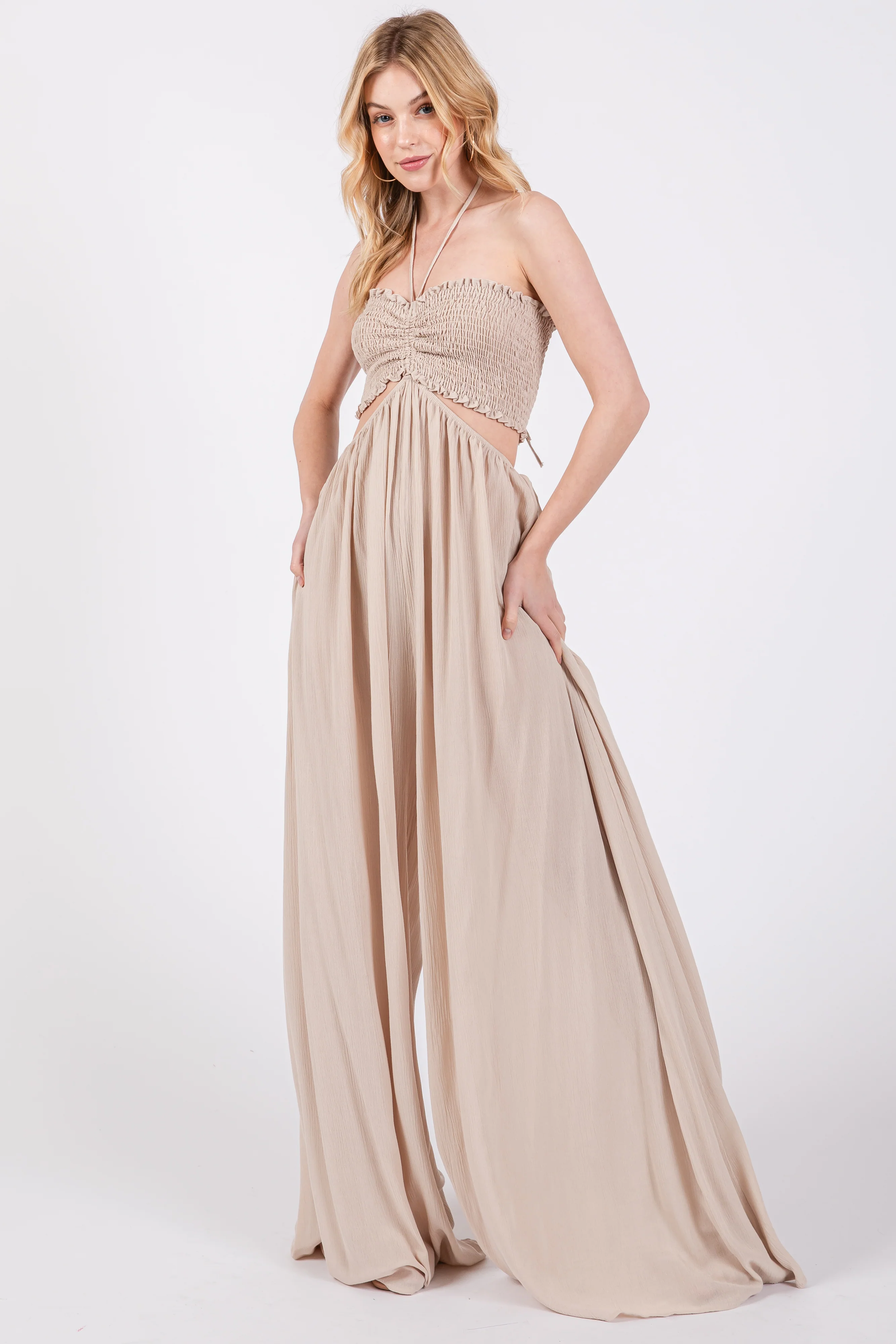 Cream Smocked Drawstring Halter Side Cutout Maternity Jumpsuit - Image 5