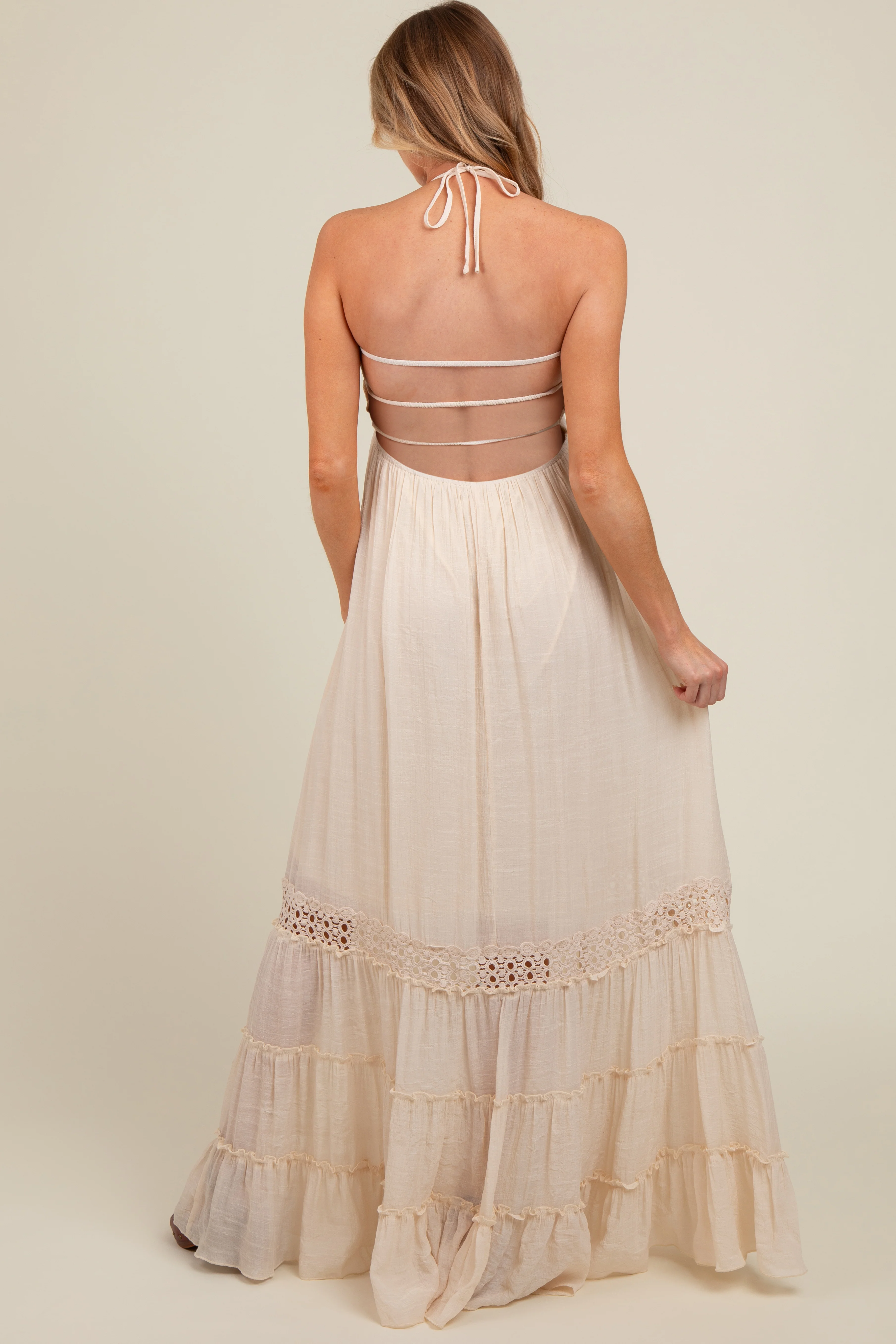 Cream Smocked Open Back Maternity Maxi Dress - Image 3