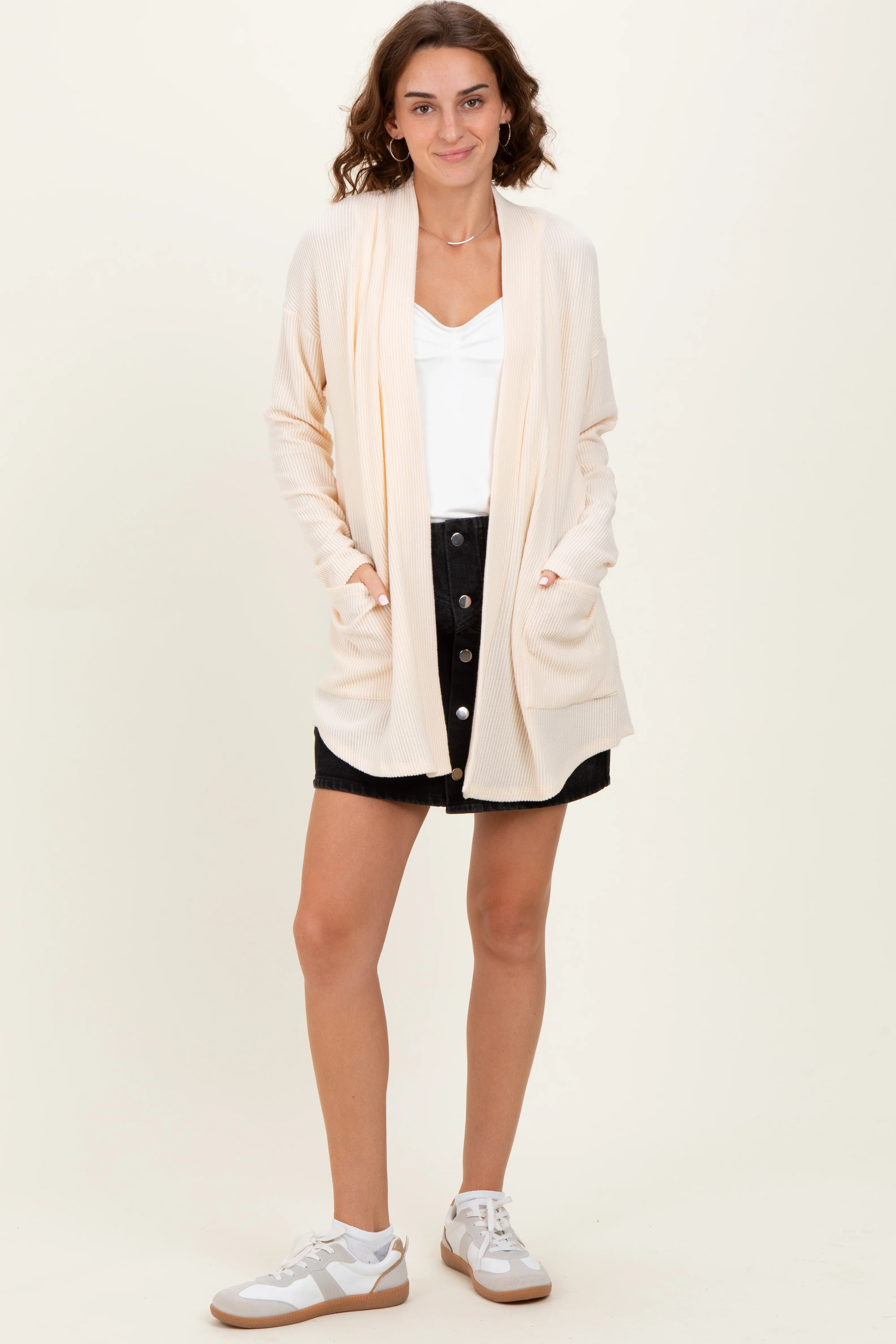 Cream Solid Ribbed Long Sleeve Open Front Pocket Cardigan