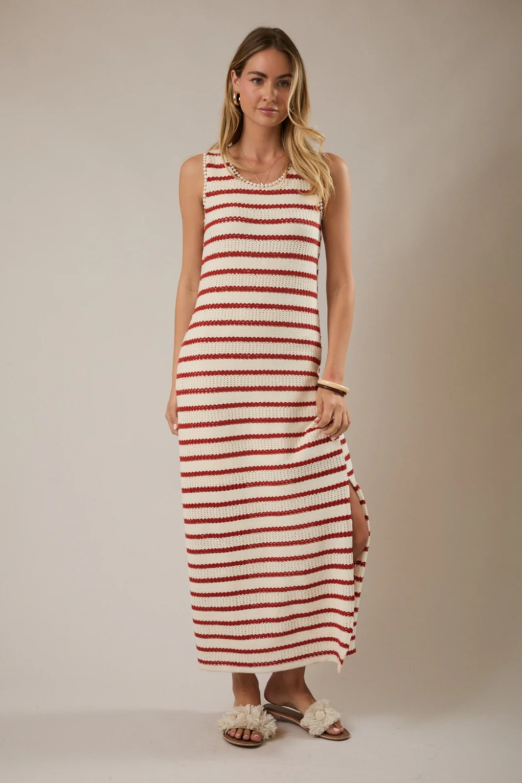 Cream Striped Crochet Knit Sleeveless Maxi Dress - Image 2