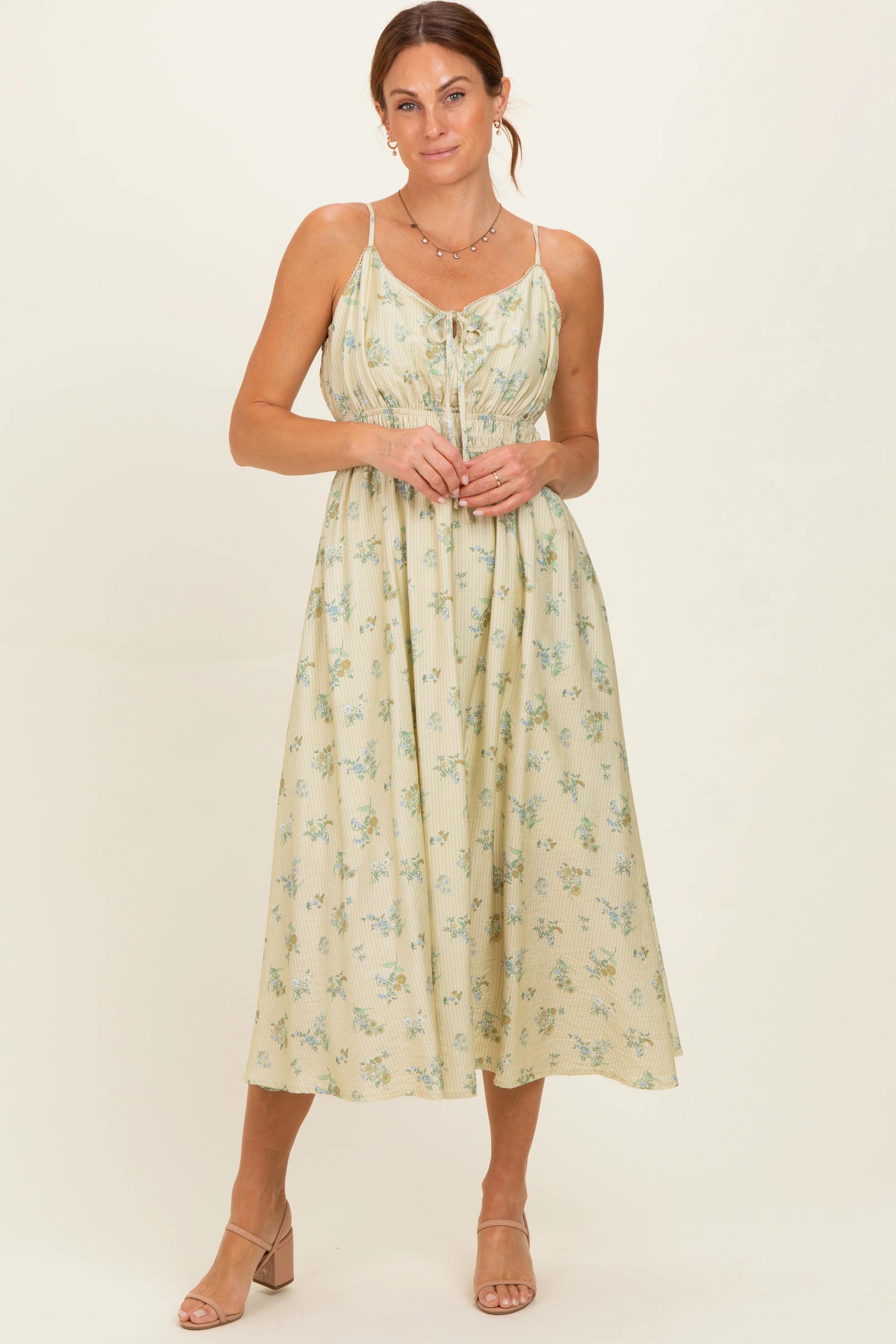 Cream Striped Floral Smocked Waist Maternity Midi Dress - Image 5