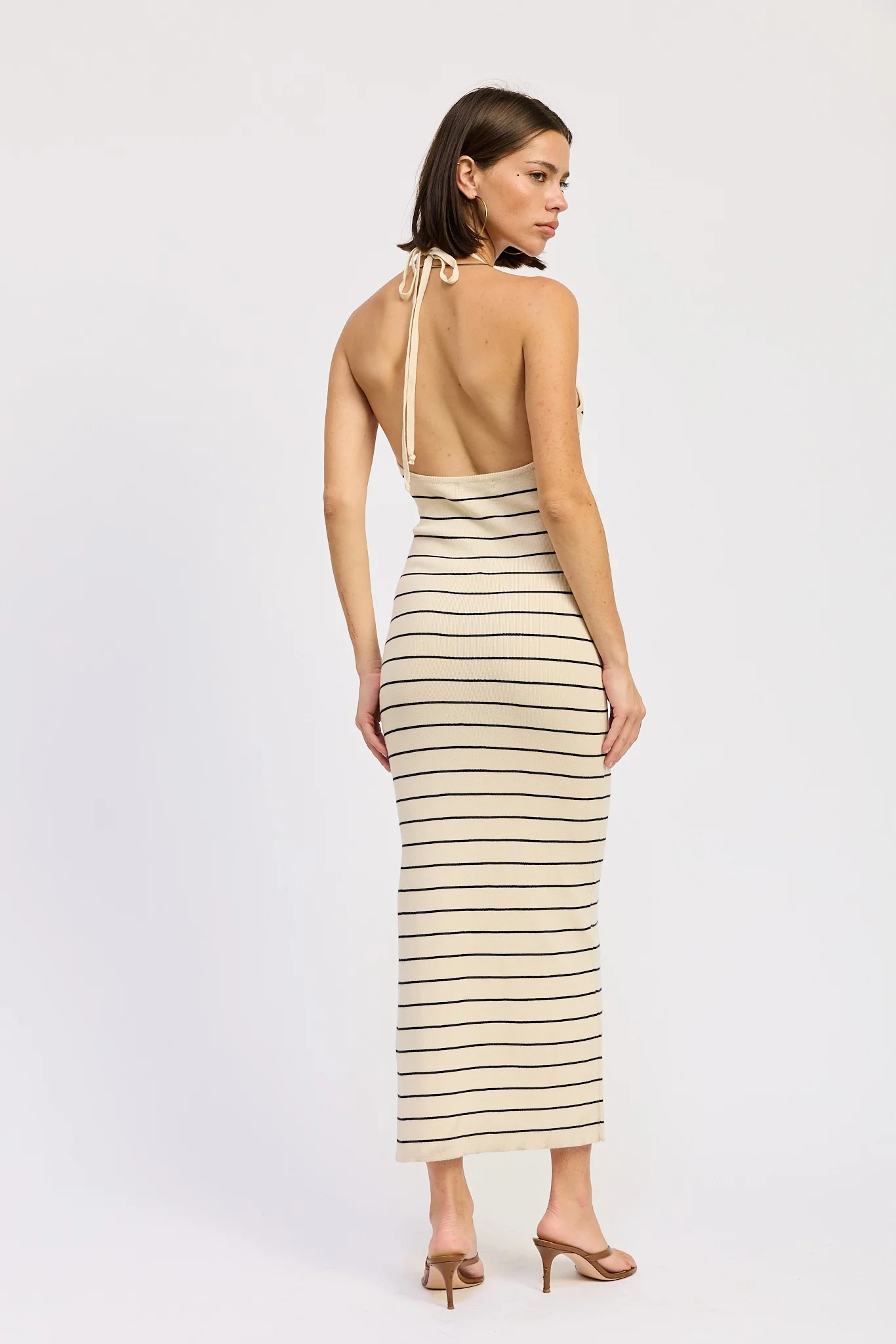 Cream Striped Halter Open Back Midi Dress - Image 4