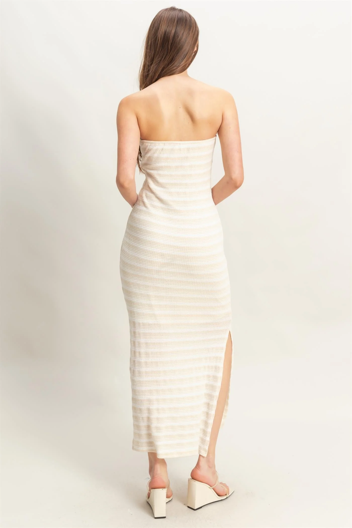 Cream Striped Knit Strapless Side Slit Maxi Dress - Image 4