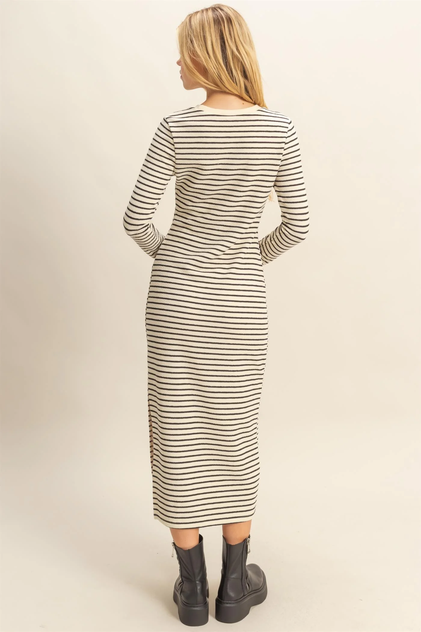 Cream Striped Long Sleeve Midi Dress - Image 4