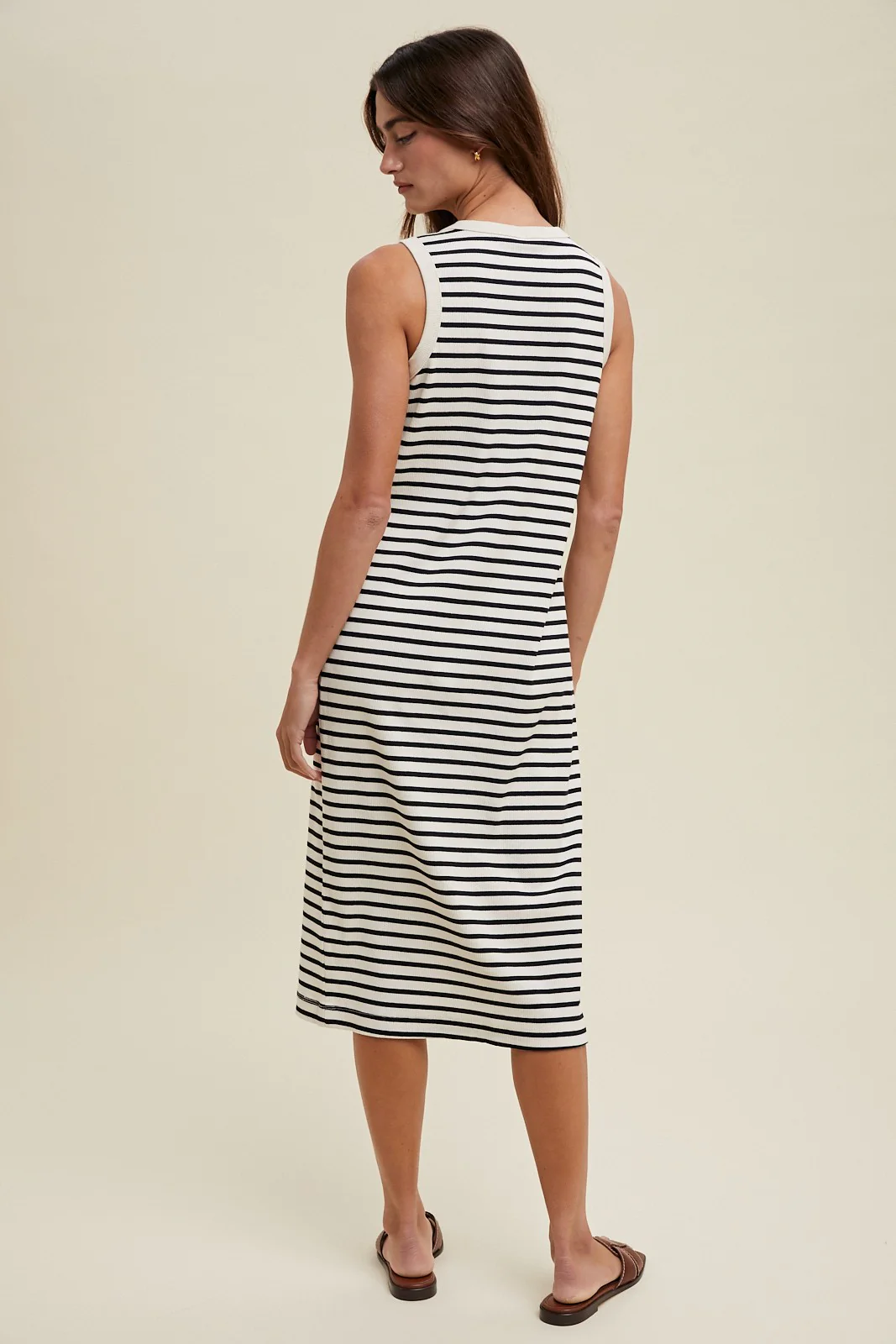 Cream Striped Ribbed Knit Sleeveless Midi Dress - Image 4