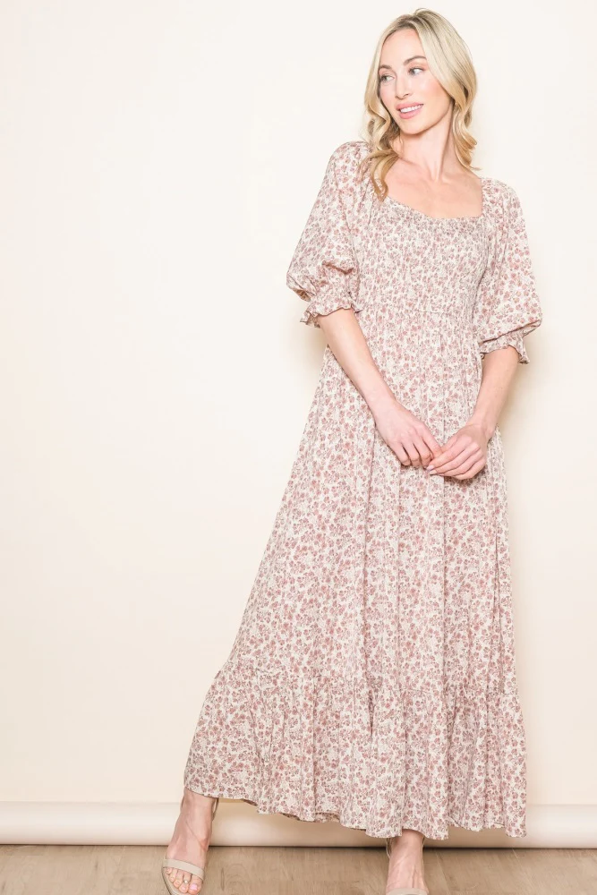 Cream Sweetheart Neck Smocked Ruffle Hem Maternity Maxi Dress - Image 5