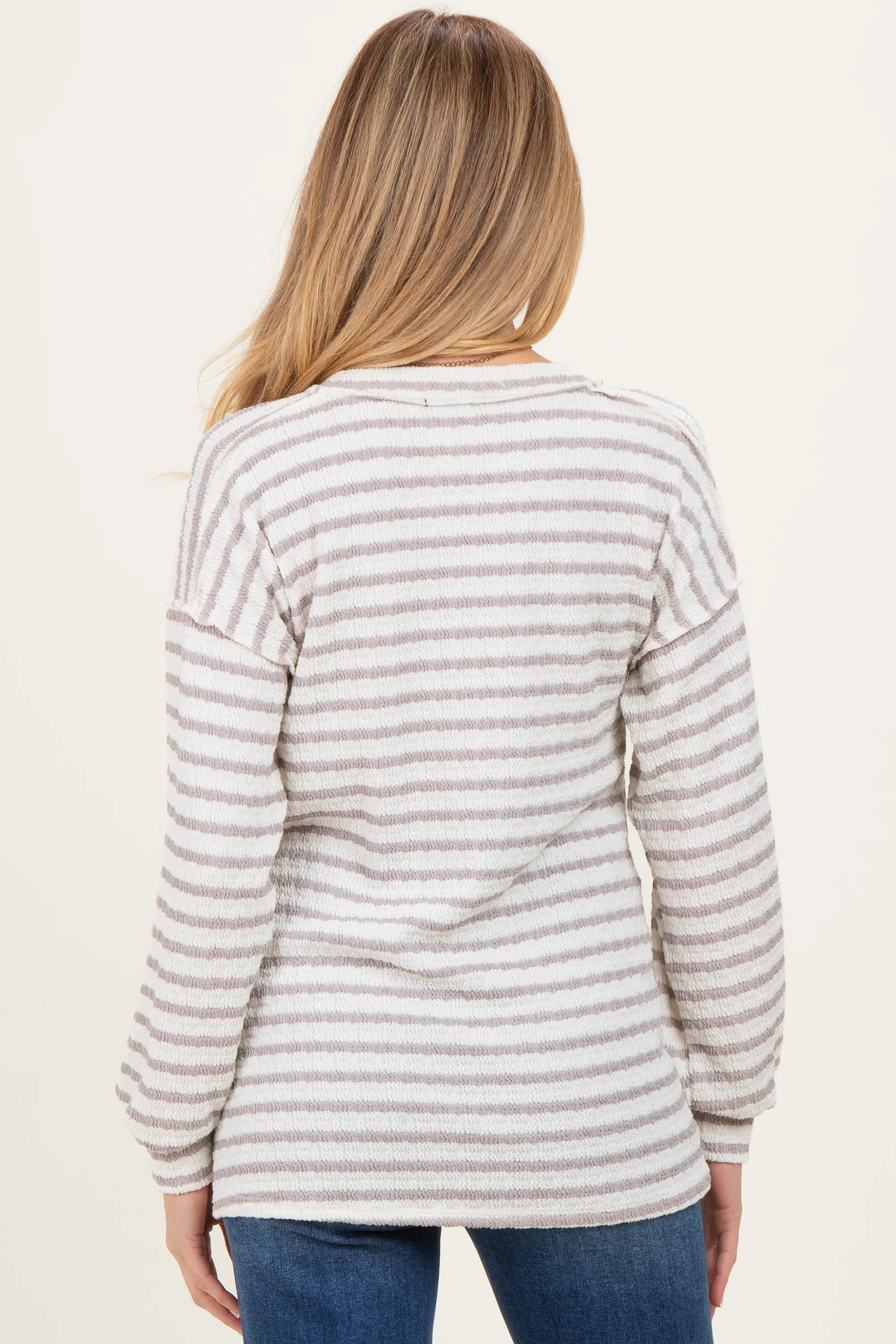 Cream/Taupe Long Puff Sleeve V-Neck Striped Maternity Top - Image 4