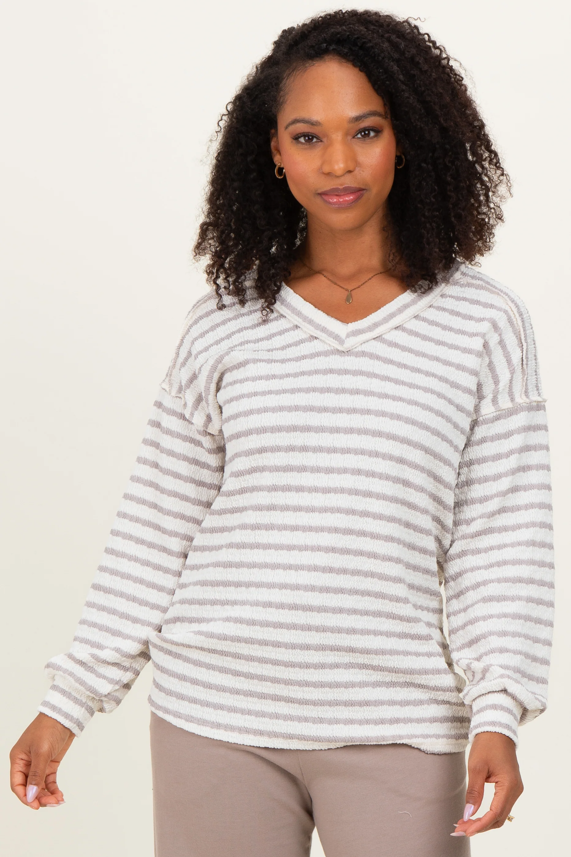 Cream/Taupe Long Puff Sleeve V-Neck Striped Maternity Top - Image 5