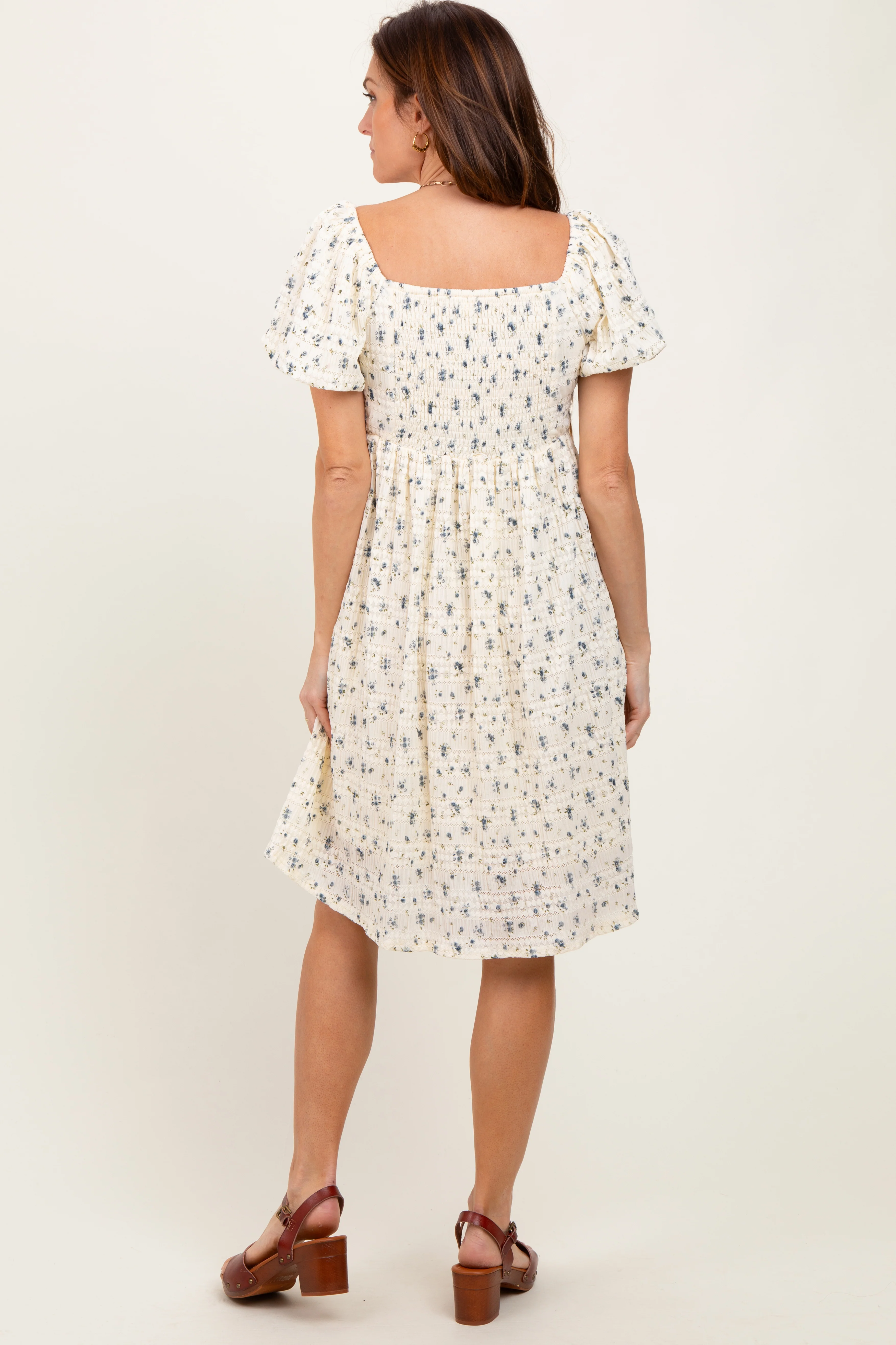 Cream Textured Knit Square Neck Midi Dress - Image 4