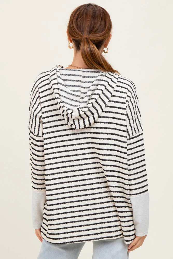 Cream Textured Stripe Button Up Hoodie - Image 4