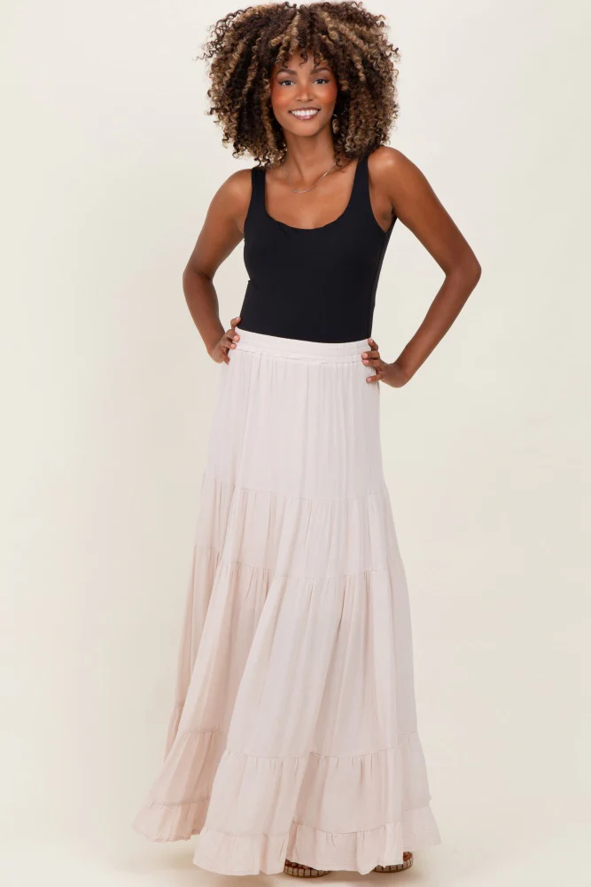 Cream Tiered Ruffle Hem Maternity Maxi Skirt - Image 3