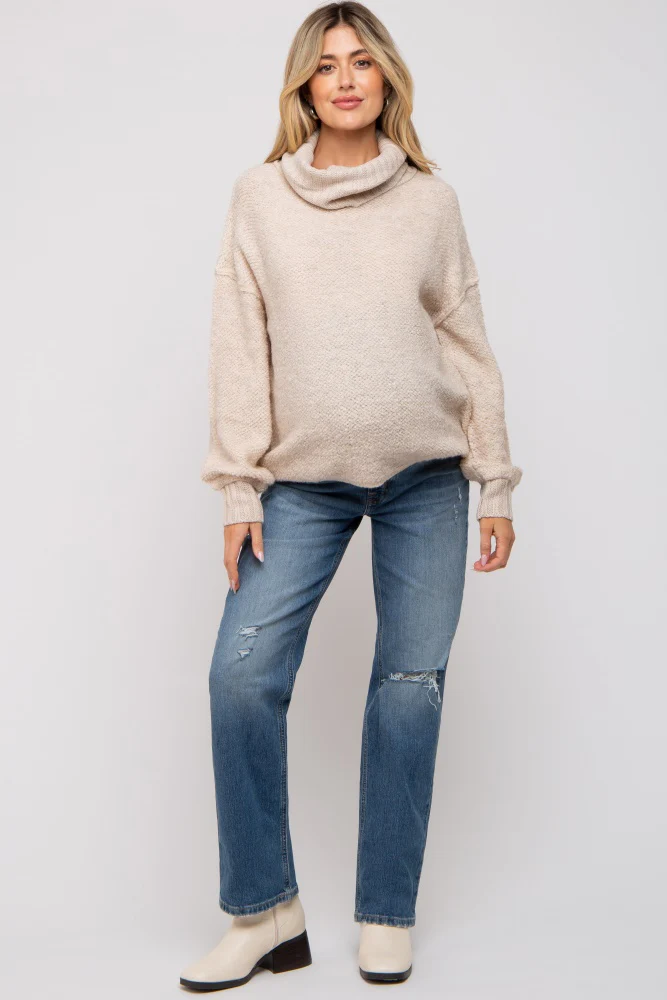 Cream Turtleneck Boucle Maternity Sweater - Image 4