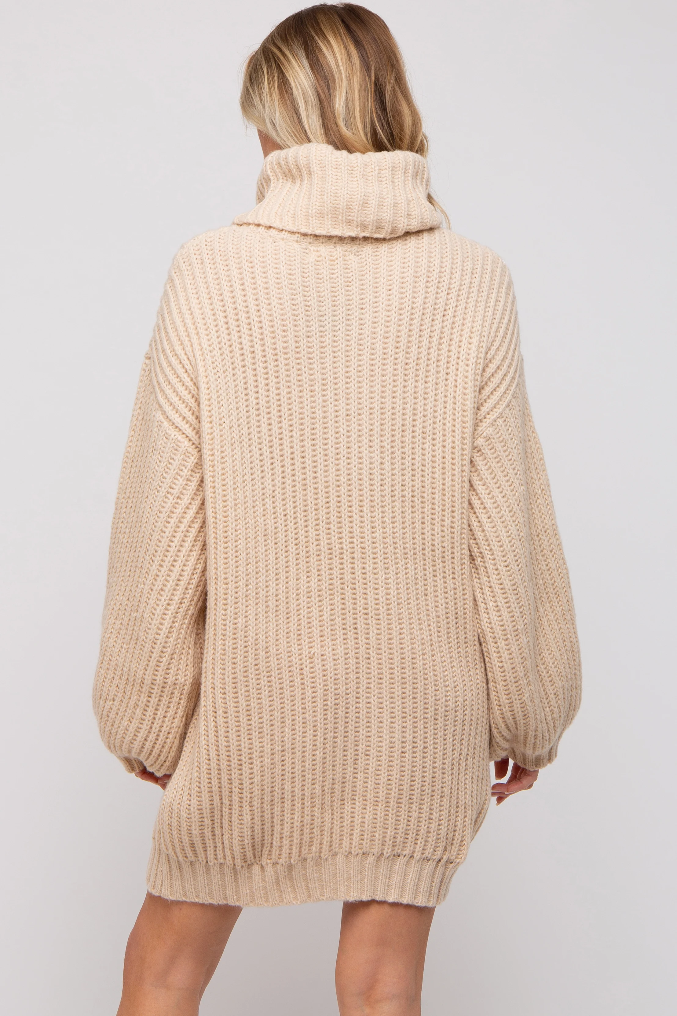 Cream Turtleneck Puff Sleeve Maternity Sweater Dress - Image 3