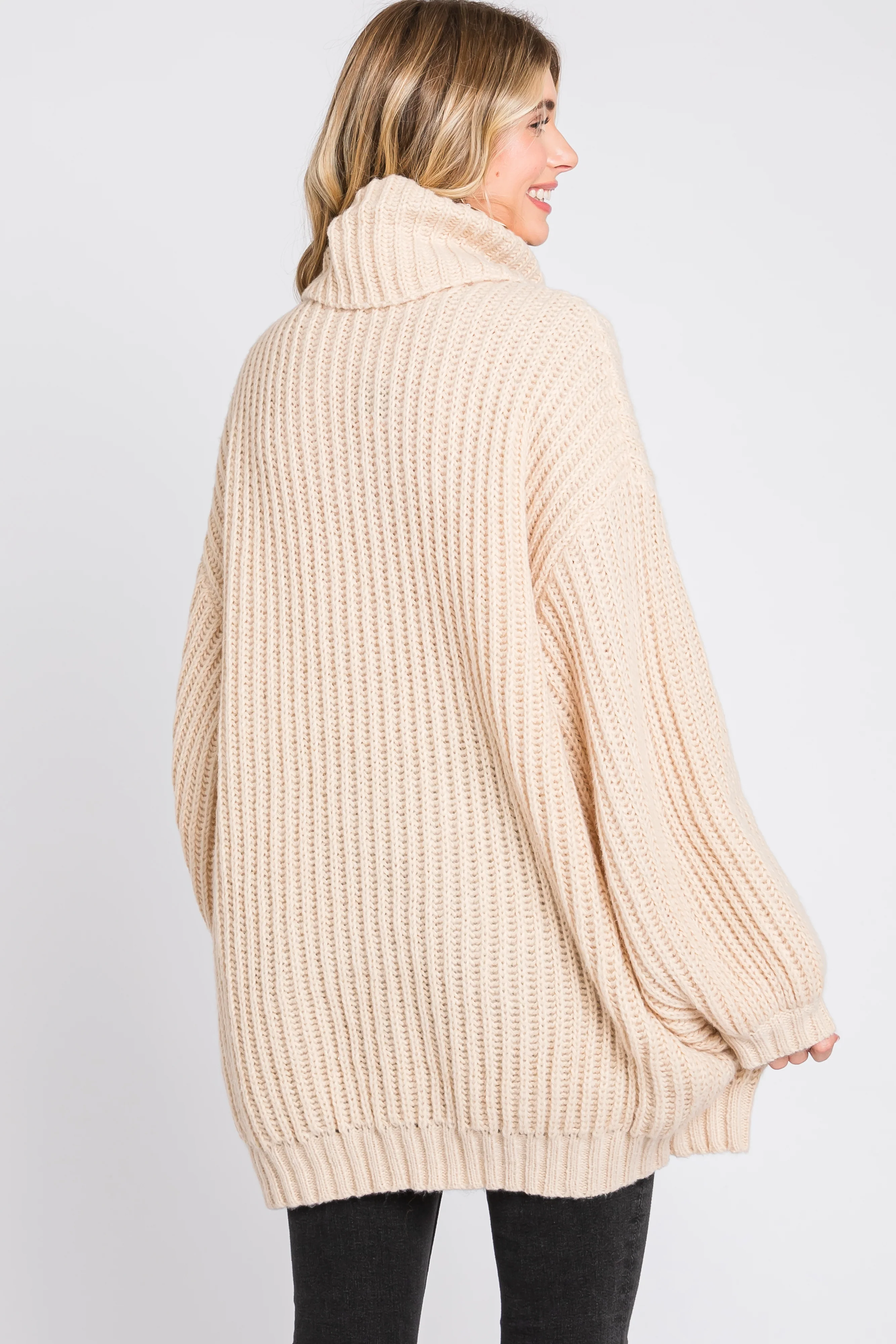 Cream Turtleneck Puff Sleeve Sweater Dress - Image 4