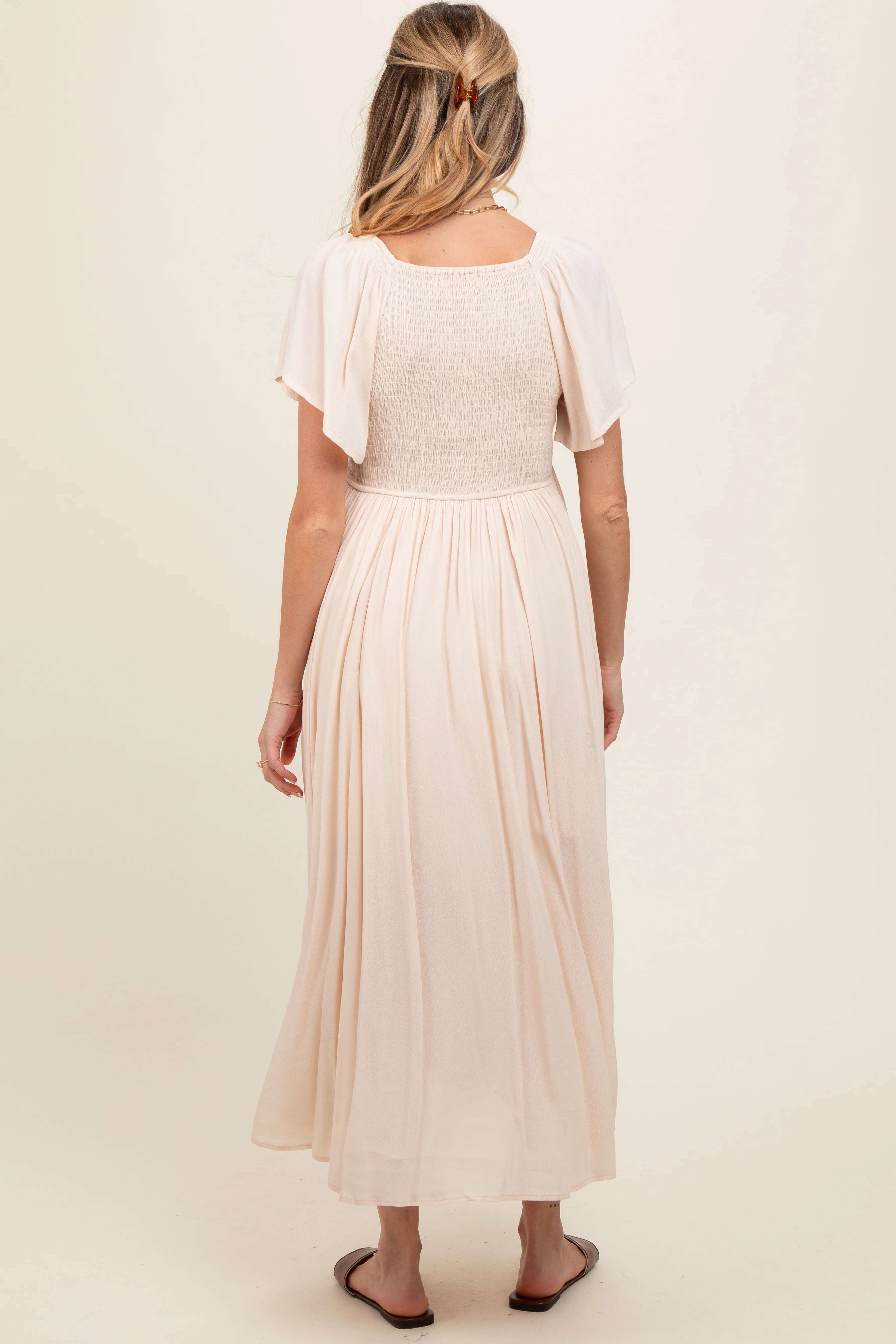 Cream V-Neck Flutter Short Sleeve Maternity Midi Dress - Image 4