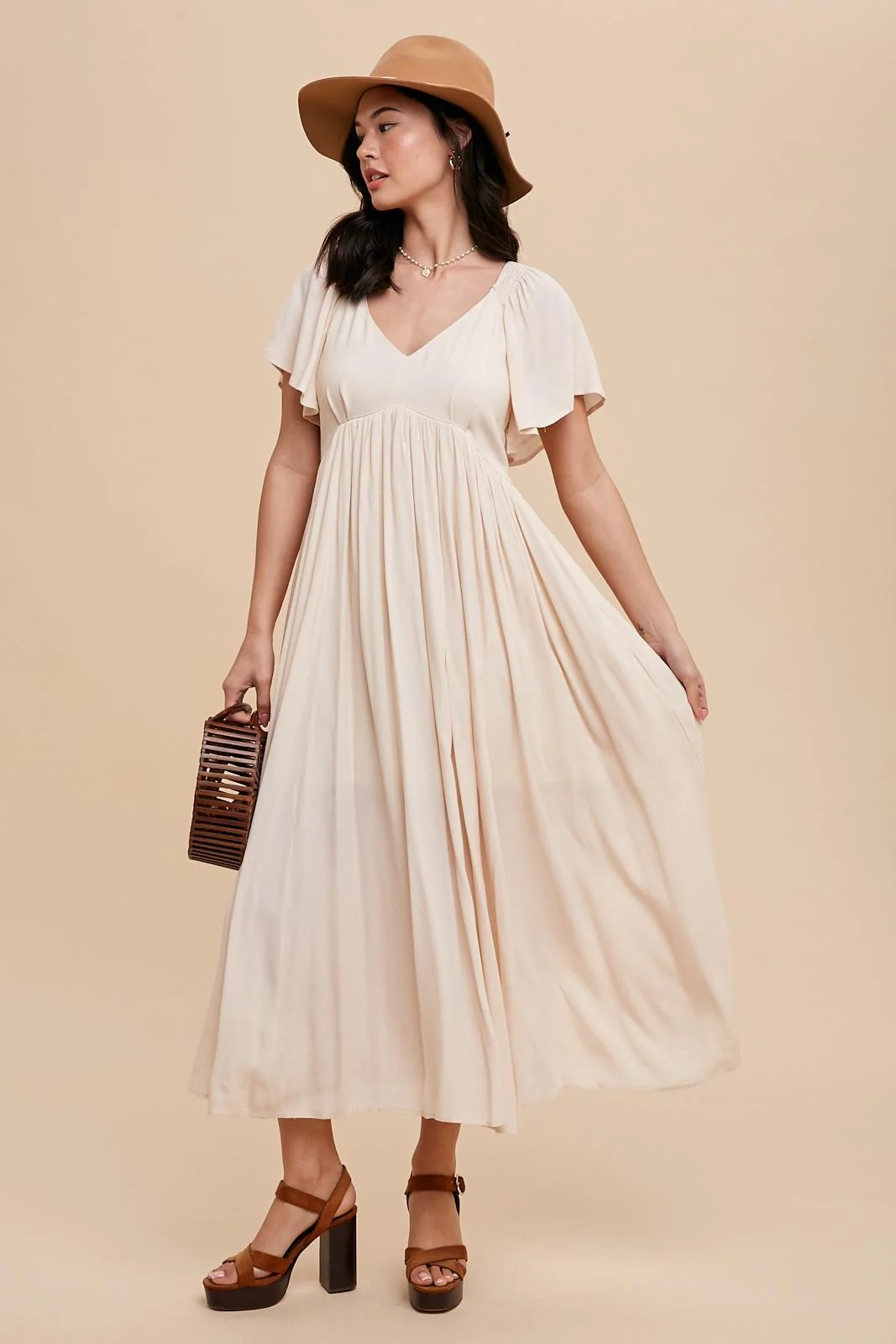Cream V-Neck Flutter Short Sleeve Maternity Midi Dress - Image 5
