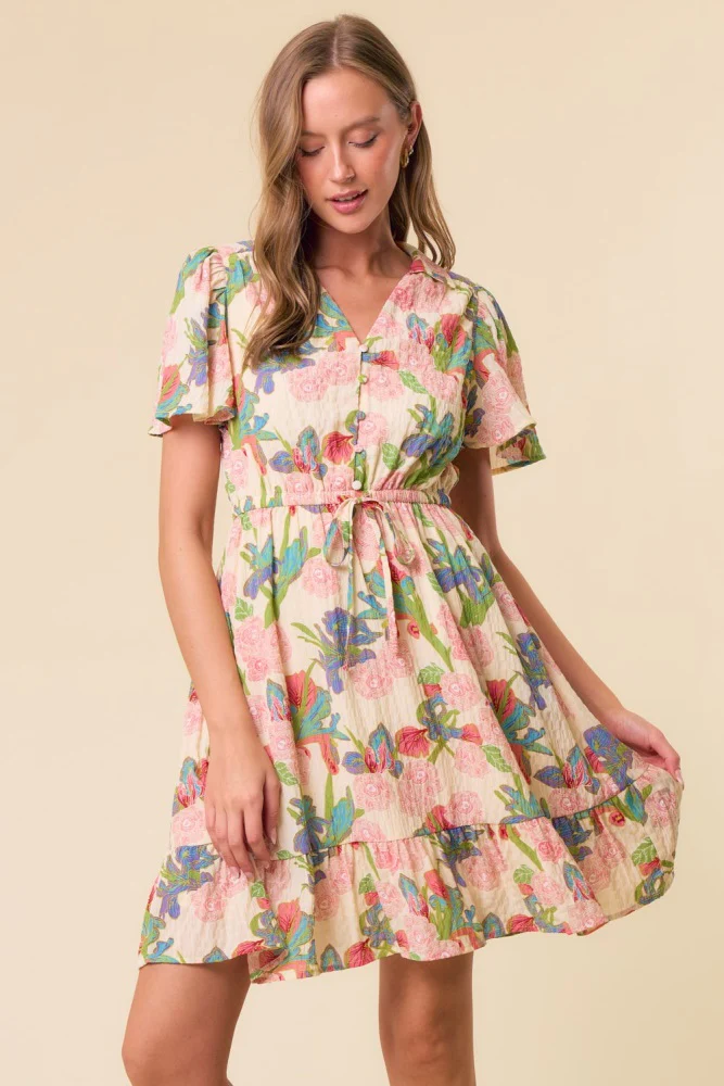 Cream V-Neck Flutter Short Sleeve Maternity Mini Dress - Image 5