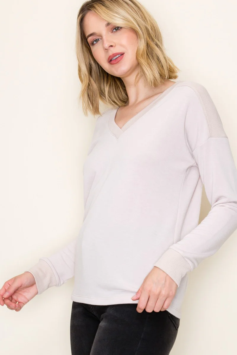Cream V-Neck Knit Long Sleeve Top - Image 3