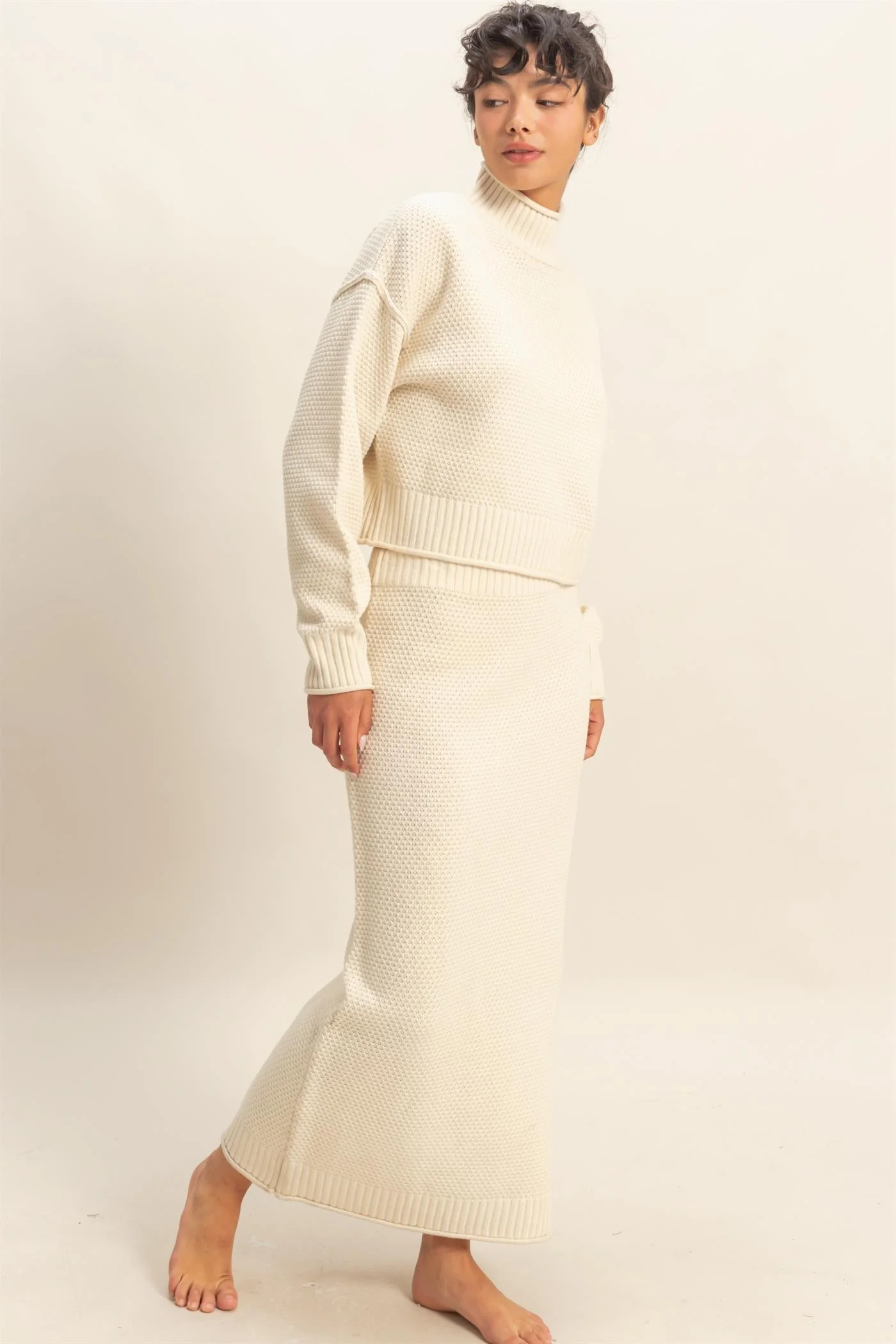 Cream Waffle Knit High Neck Sweater Skirt Set - Image 3
