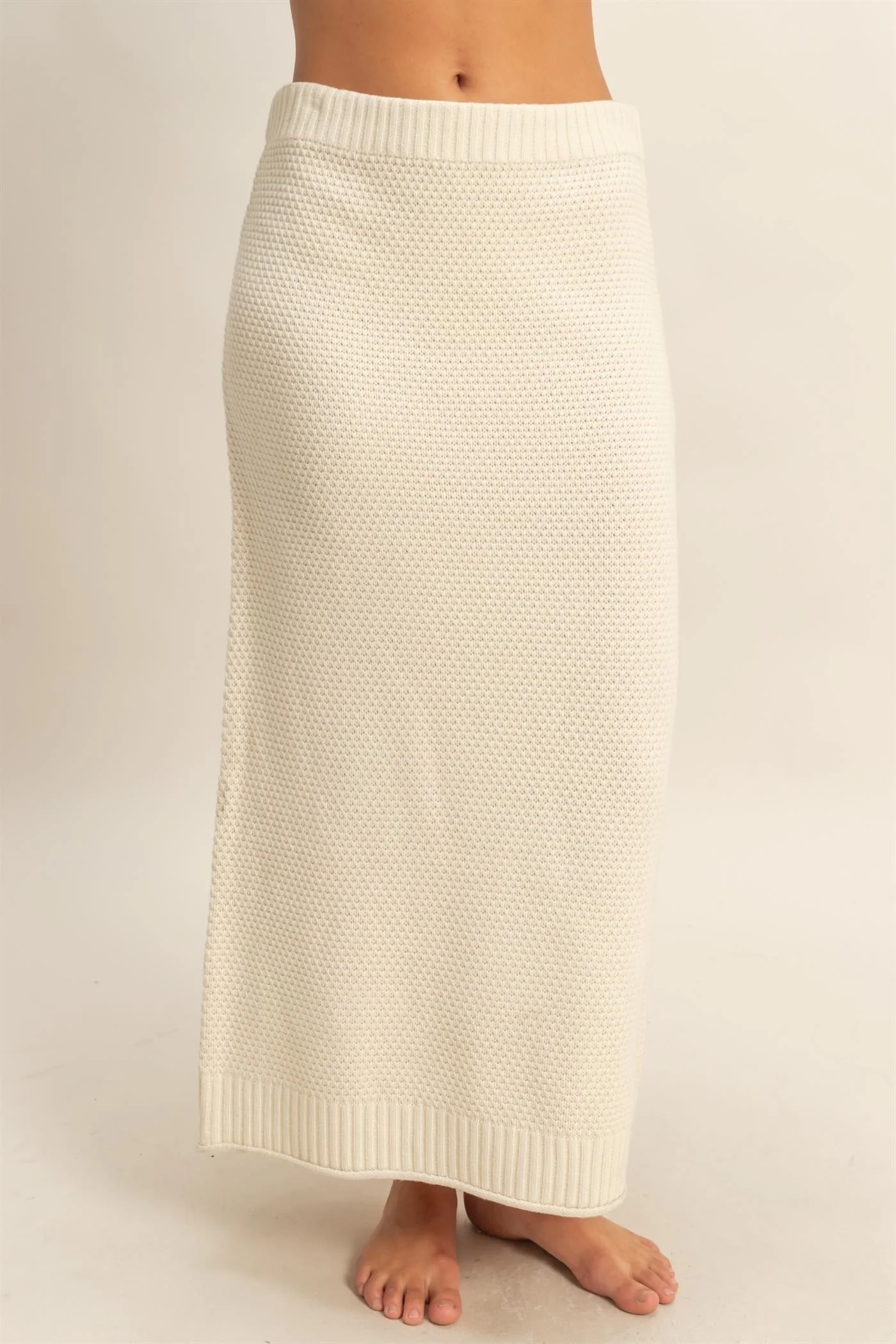 Cream Waffle Knit High Neck Sweater Skirt Set - Image 5