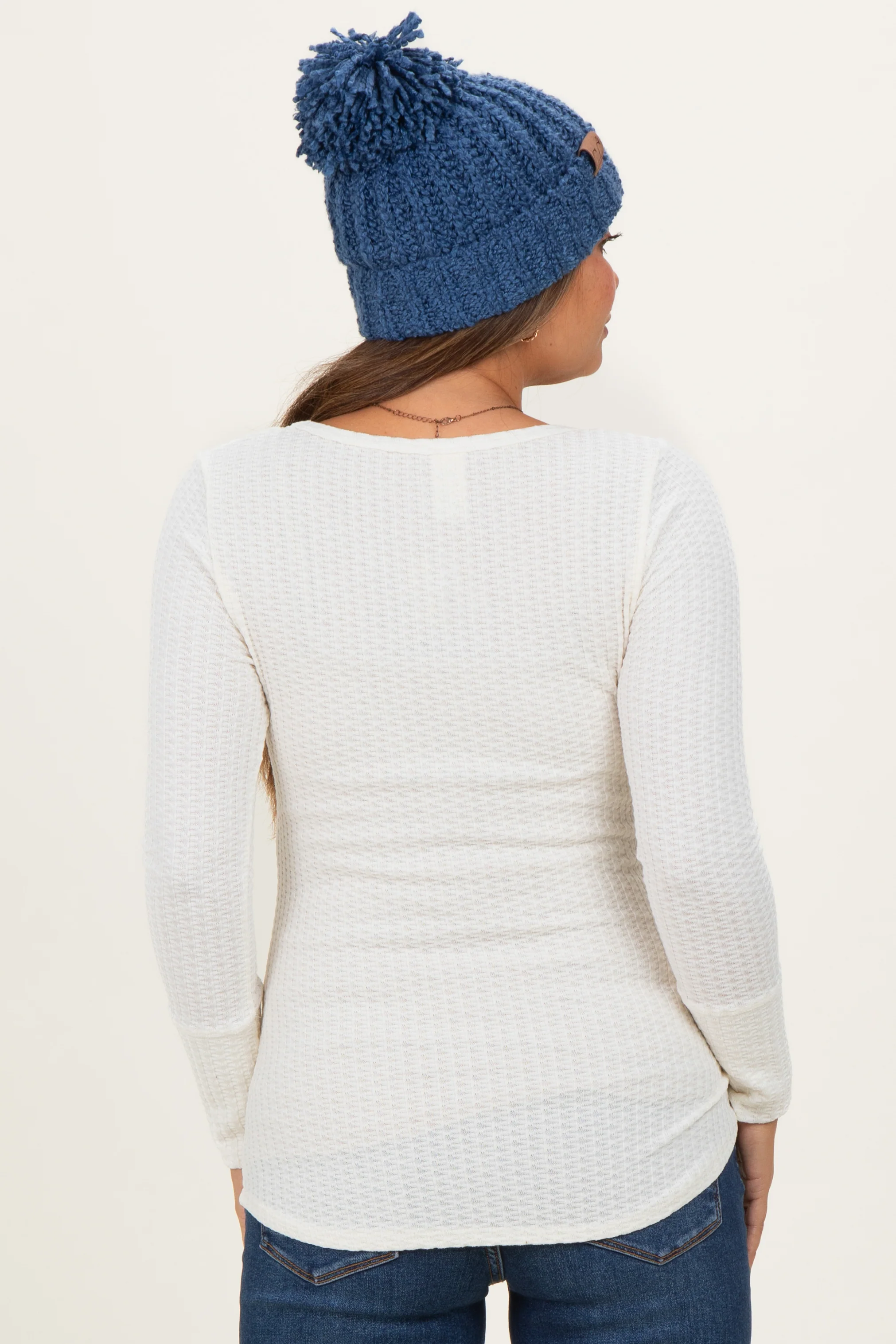 Cream Waffle Rib Knit Maternity Henley Top - Image 4