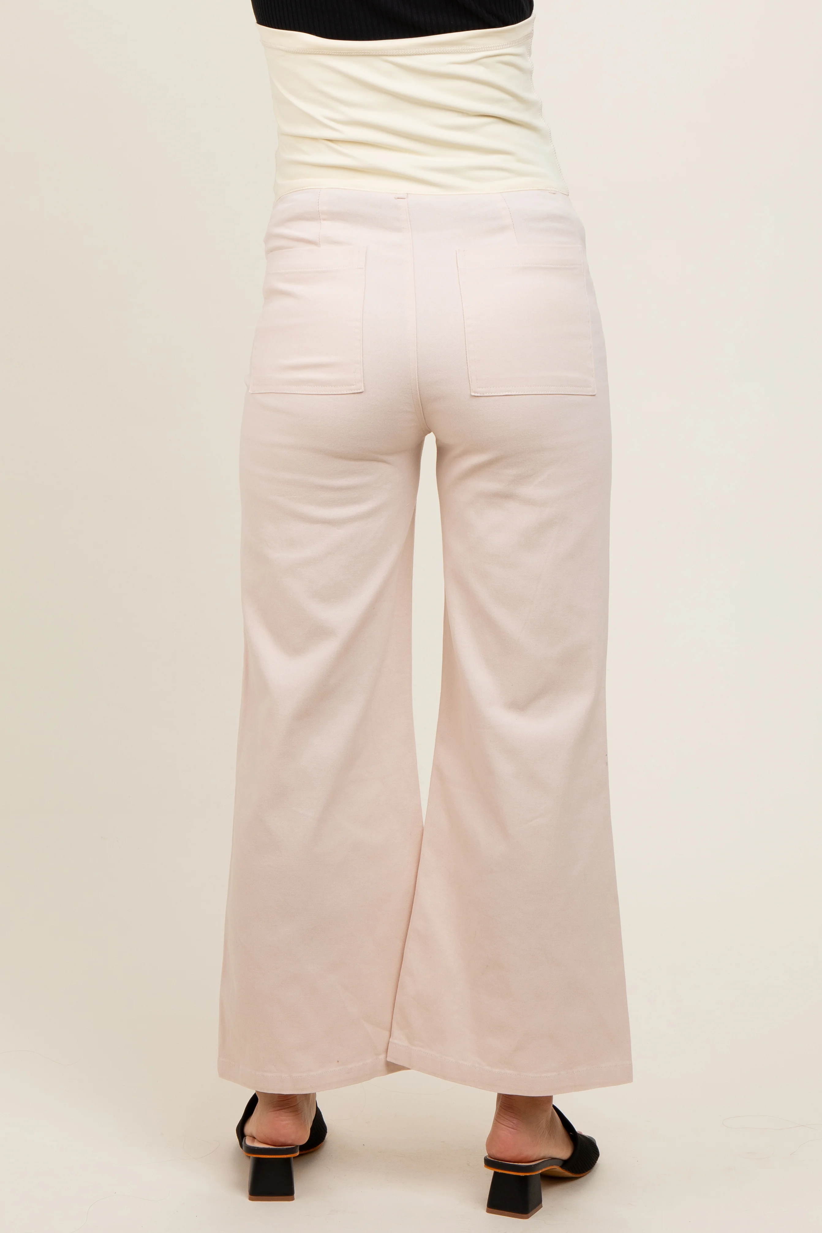 Cream Wide Leg Cropped Maternity Pants - Image 5