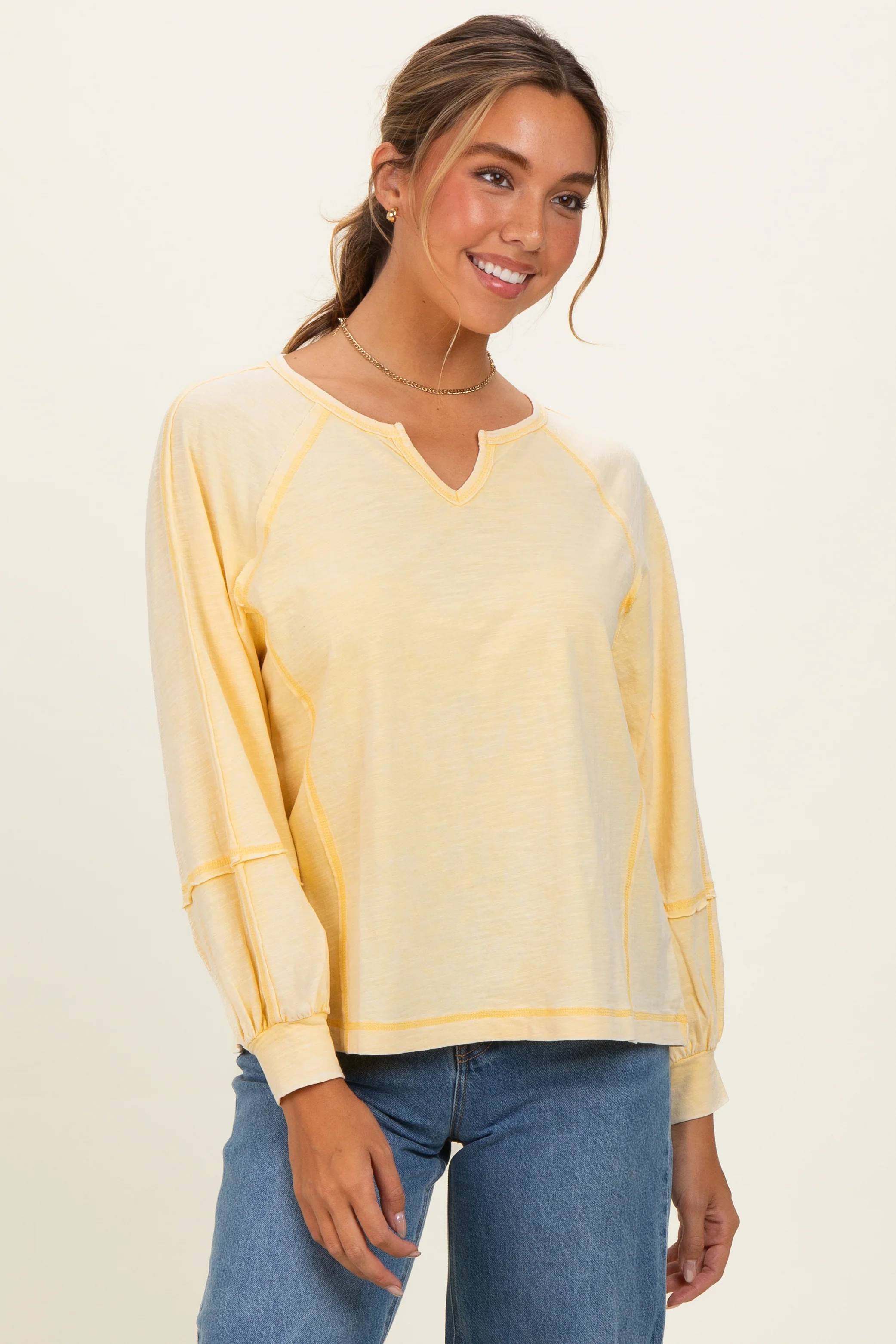 Cream Yellow Mineral Wash Exposed Seam Maternity Top - Image 5