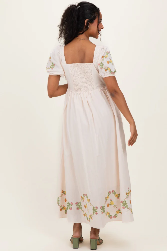 Creme Embroidered Floral Pleated Bodice Maternity Maxi Dress - Image 4