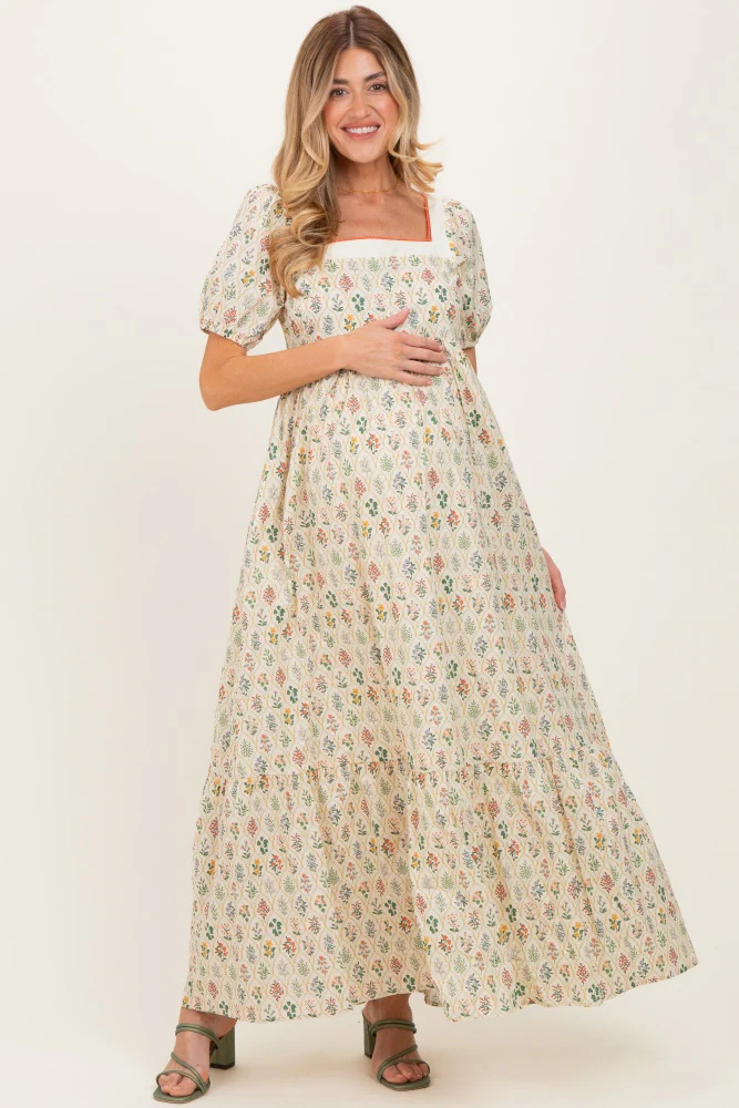 Creme Floral Cotton Puff Sleeve Maternity Maxi Dress - Image 4