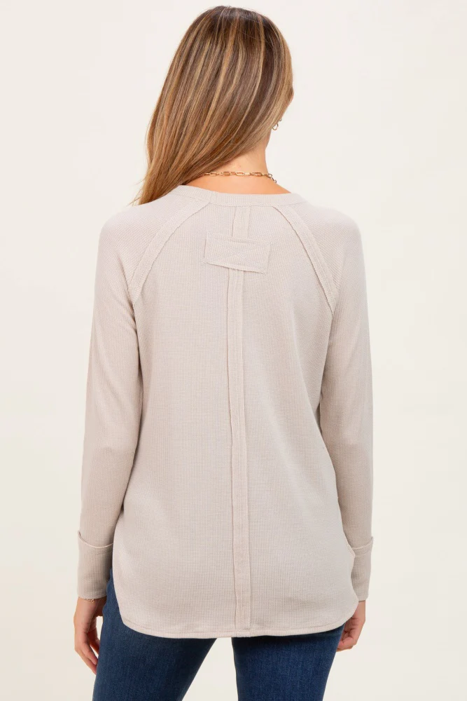 Dark Beige Baby Waffle Knit Long Sleeve Maternity Top - Image 3