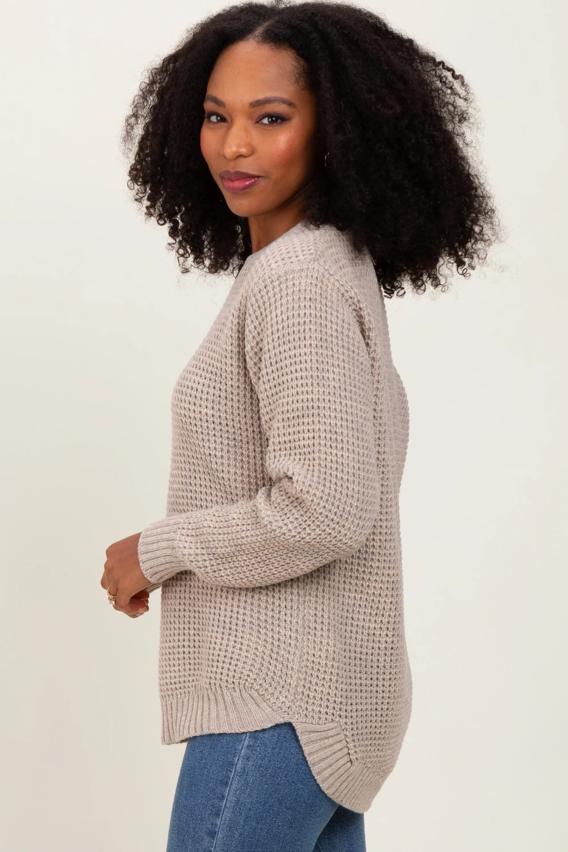 Dark Beige Waffle Knit Rounded Hem Sweater - Image 3