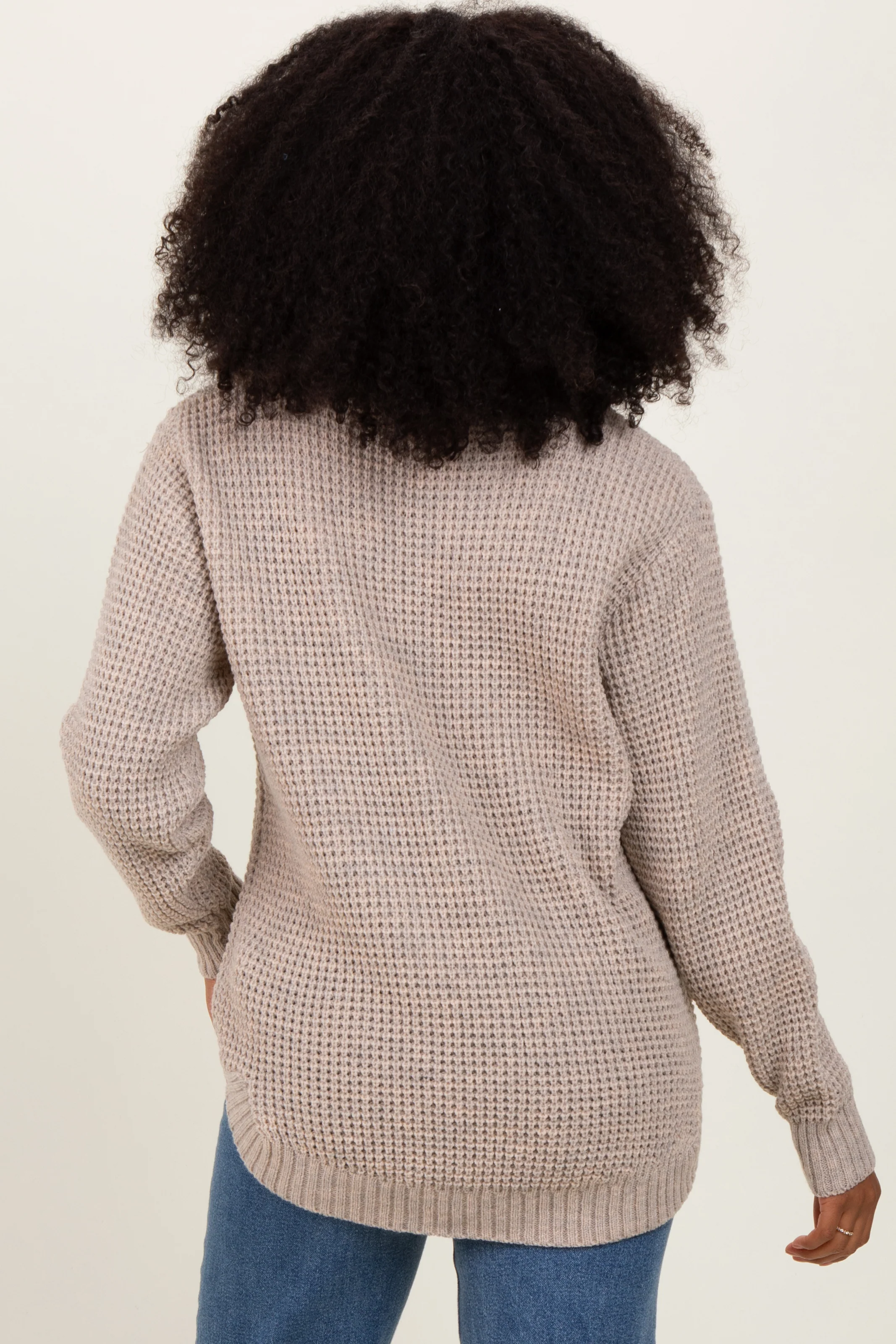 Dark Beige Waffle Knit Rounded Hem Sweater - Image 4