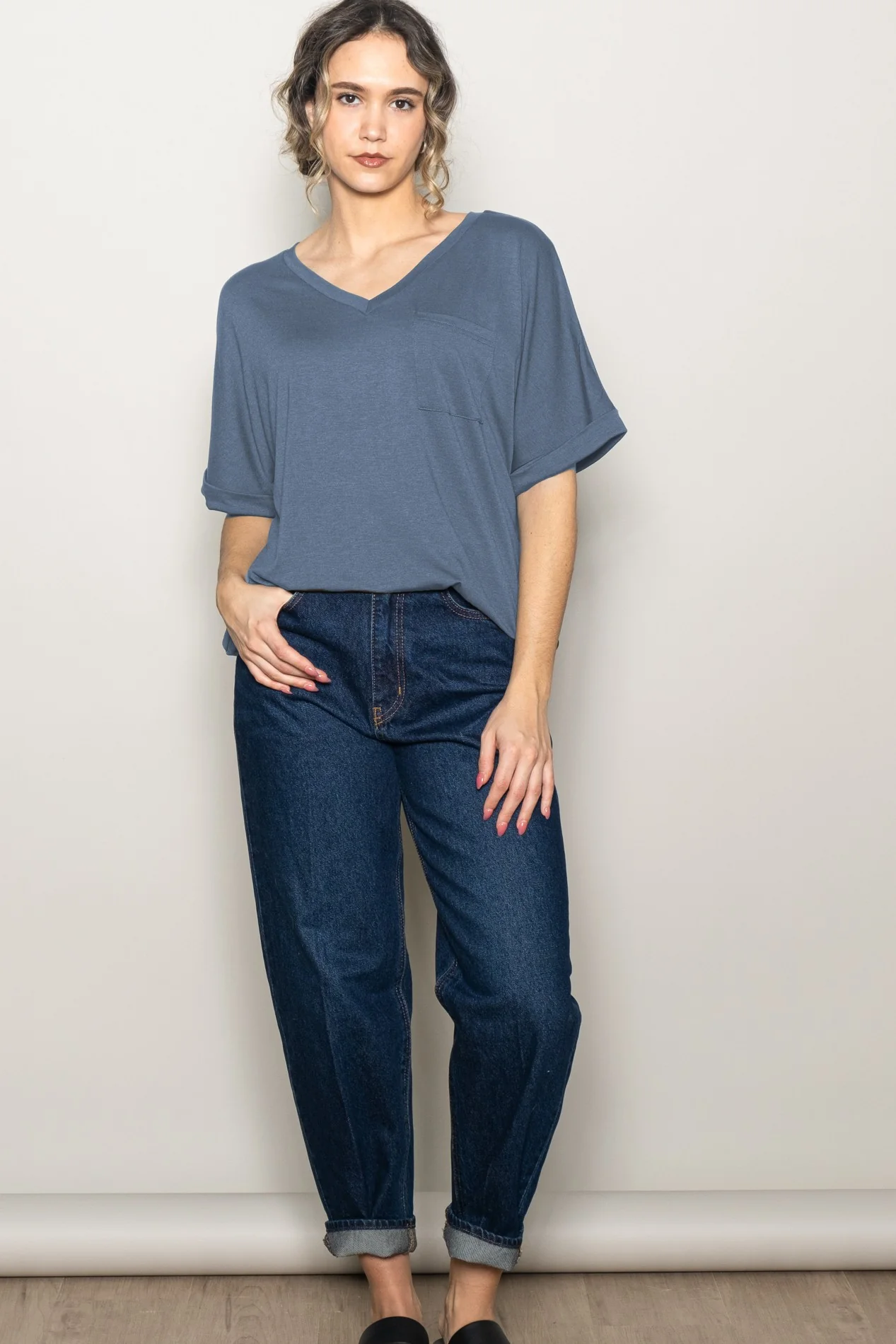 Dark Blue Oversized V-Neck Front Pocket T-Shirt - Image 4