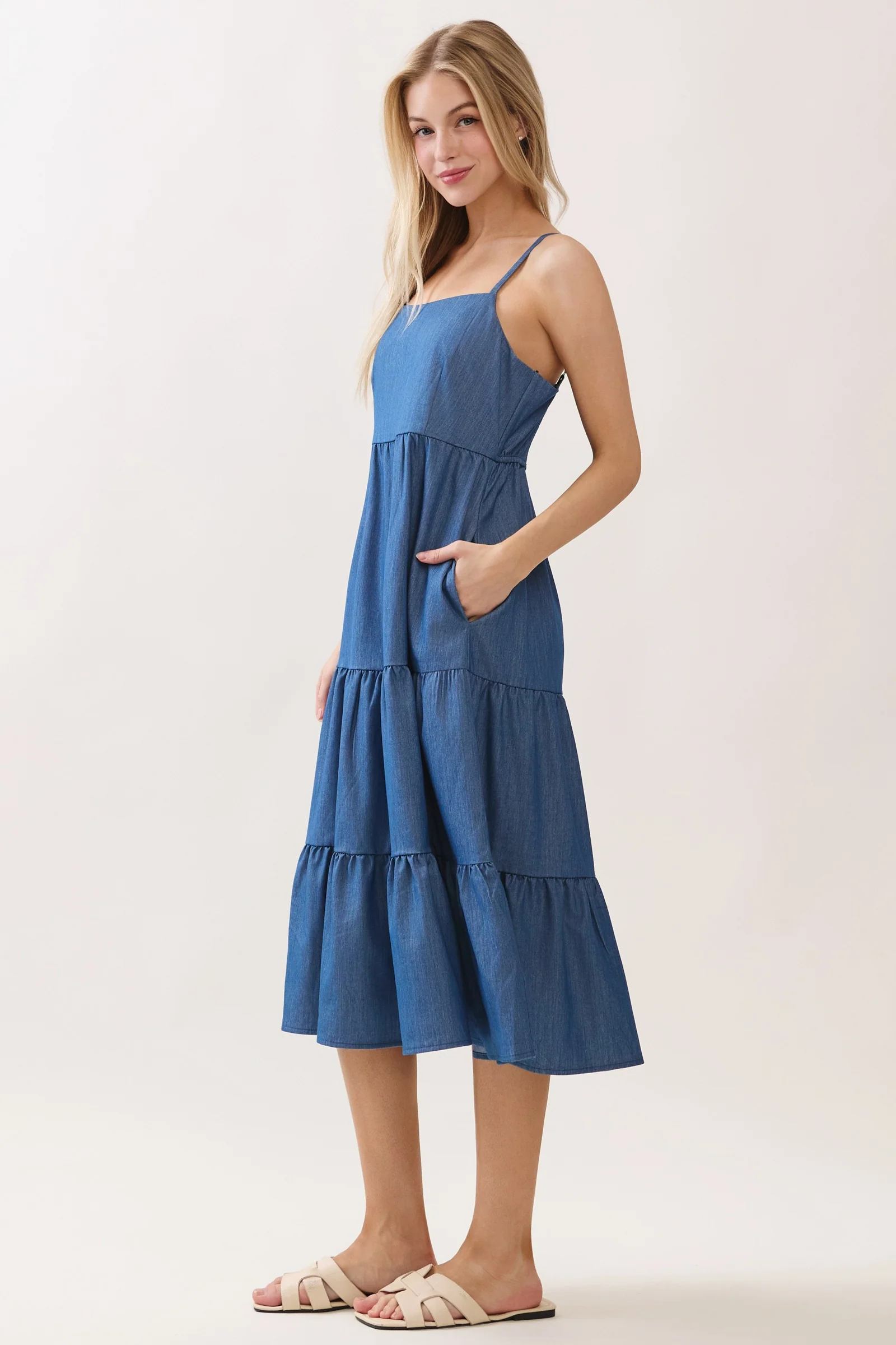 Dark Blue Tiered Sleeveless Midi Dress - Image 2
