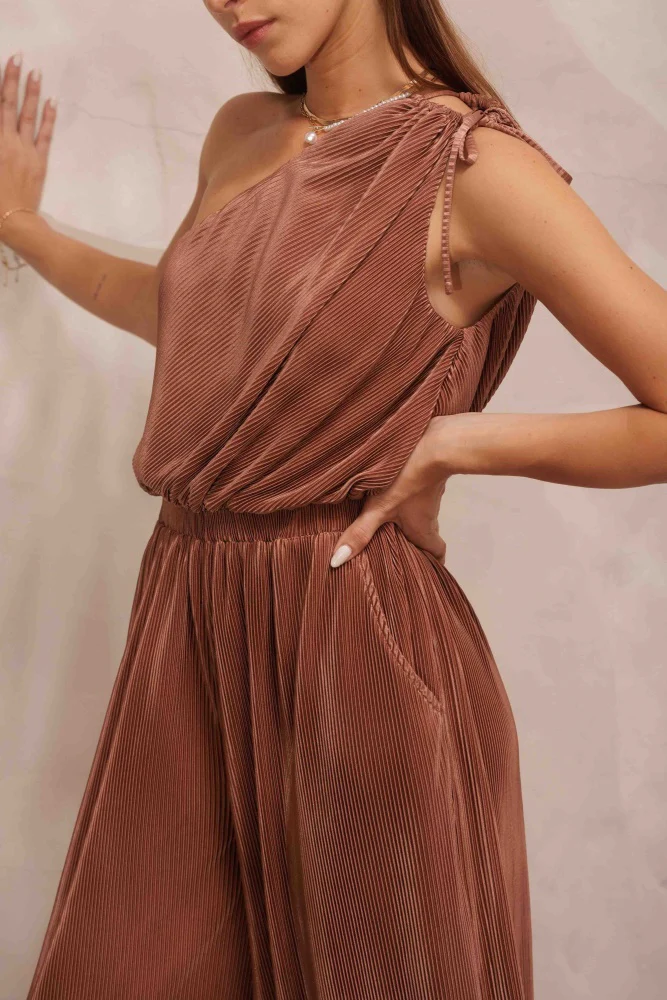Dark Bronze Asymmetric Pleated Jumpsuit - Image 3
