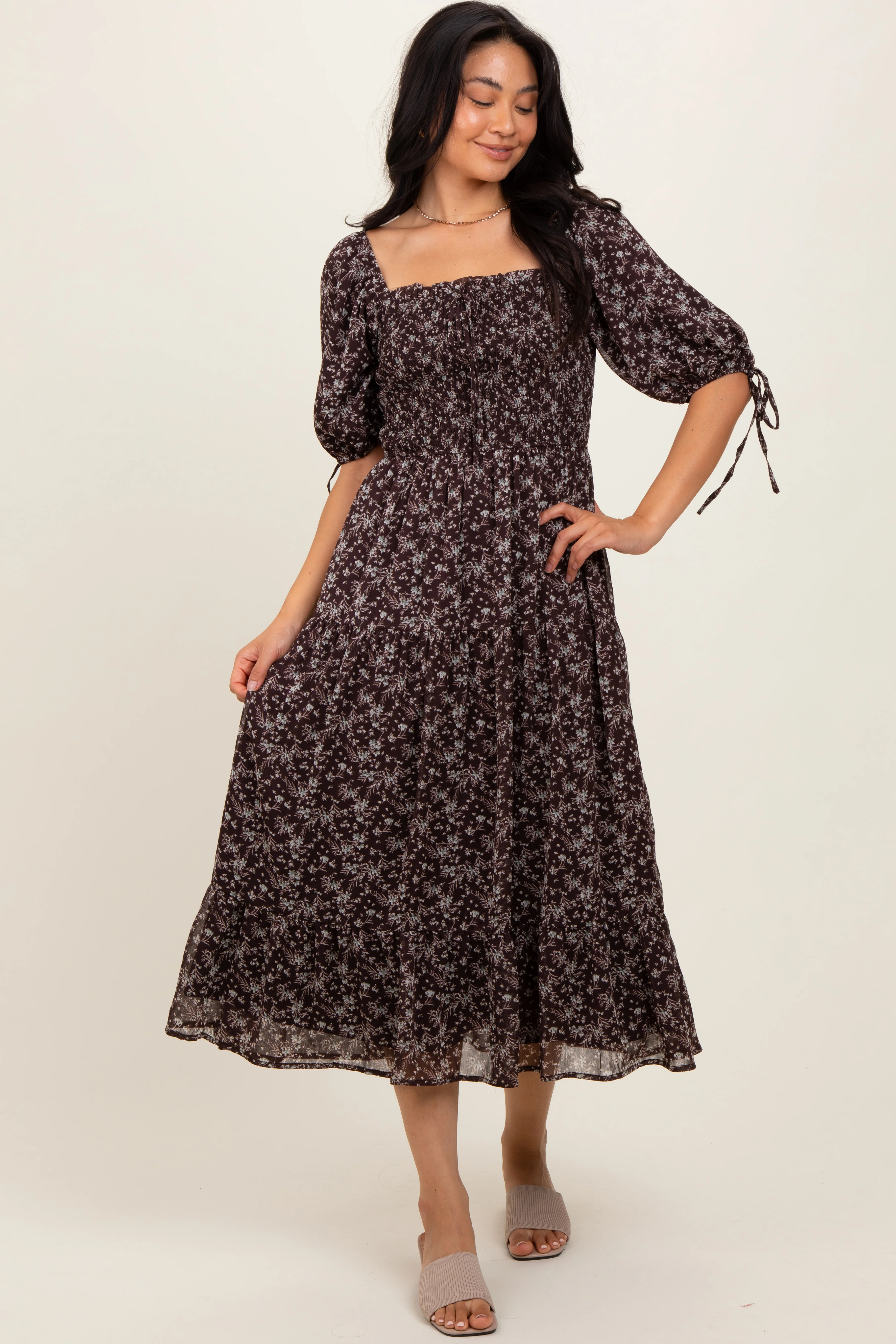 Dark Brown Floral Smocked Sleeve Tie Maternity Midi Dress - Image 4